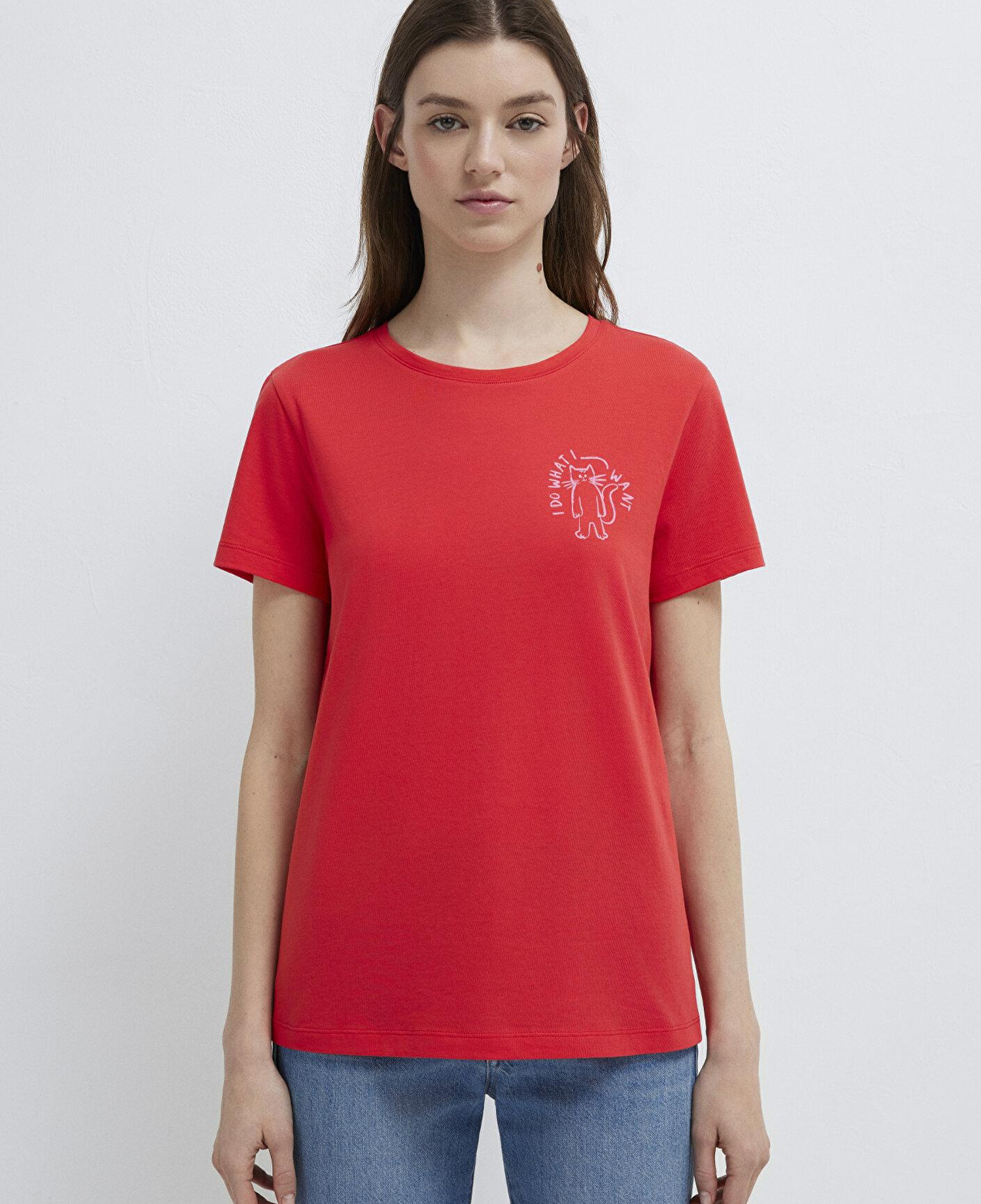Mavi Kedi Baskılı Kırmızı Tişört Semi Slim Fit / Yarı Dar Kesim 1613873-71083