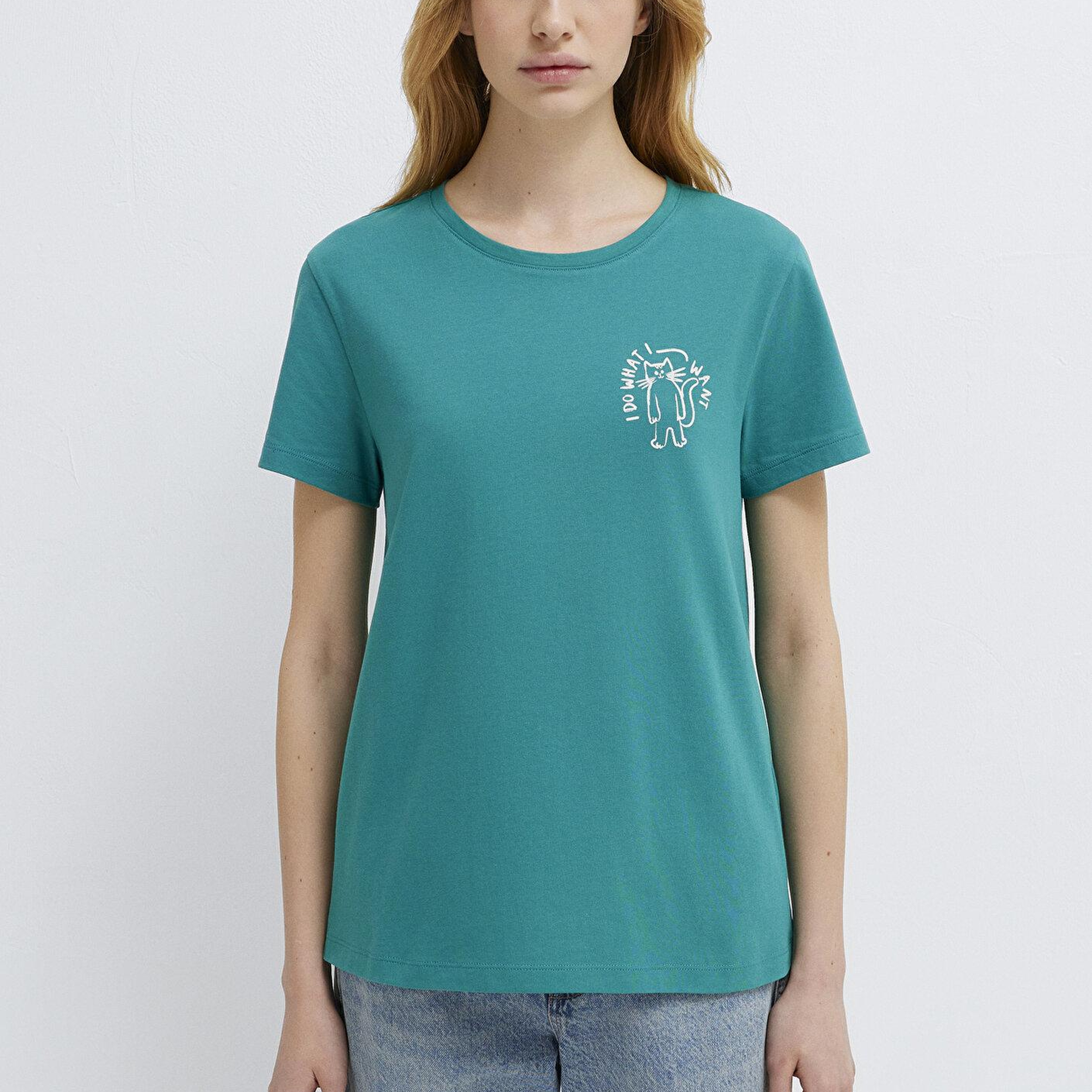 Mavi Kedi Baskılı Yeşil Tişört Semi Slim Fit / Yarı Dar Kesim 1613873-71914