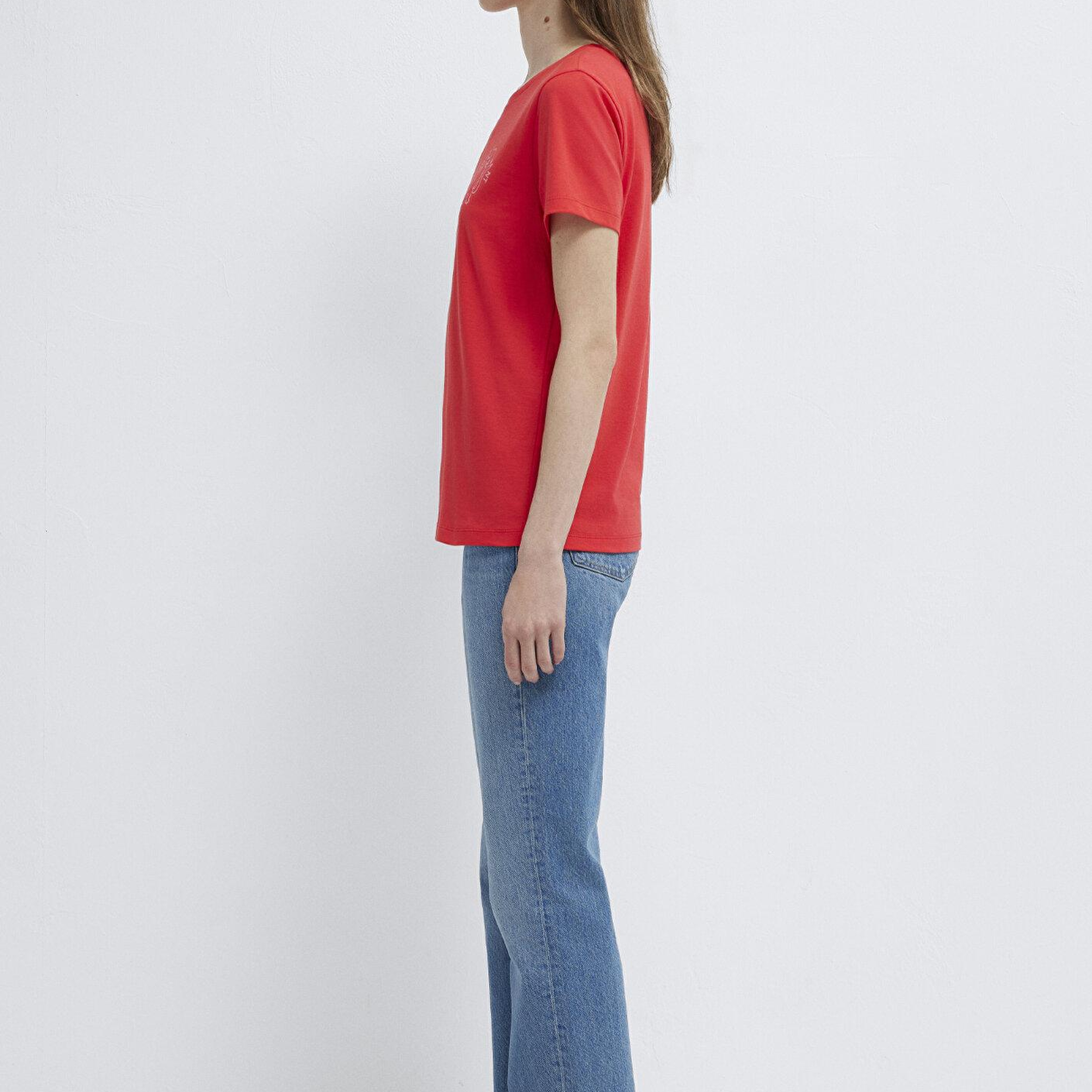 Mavi Kedi Baskılı Kırmızı Tişört Semi Slim Fit / Yarı Dar Kesim 1613873-71083