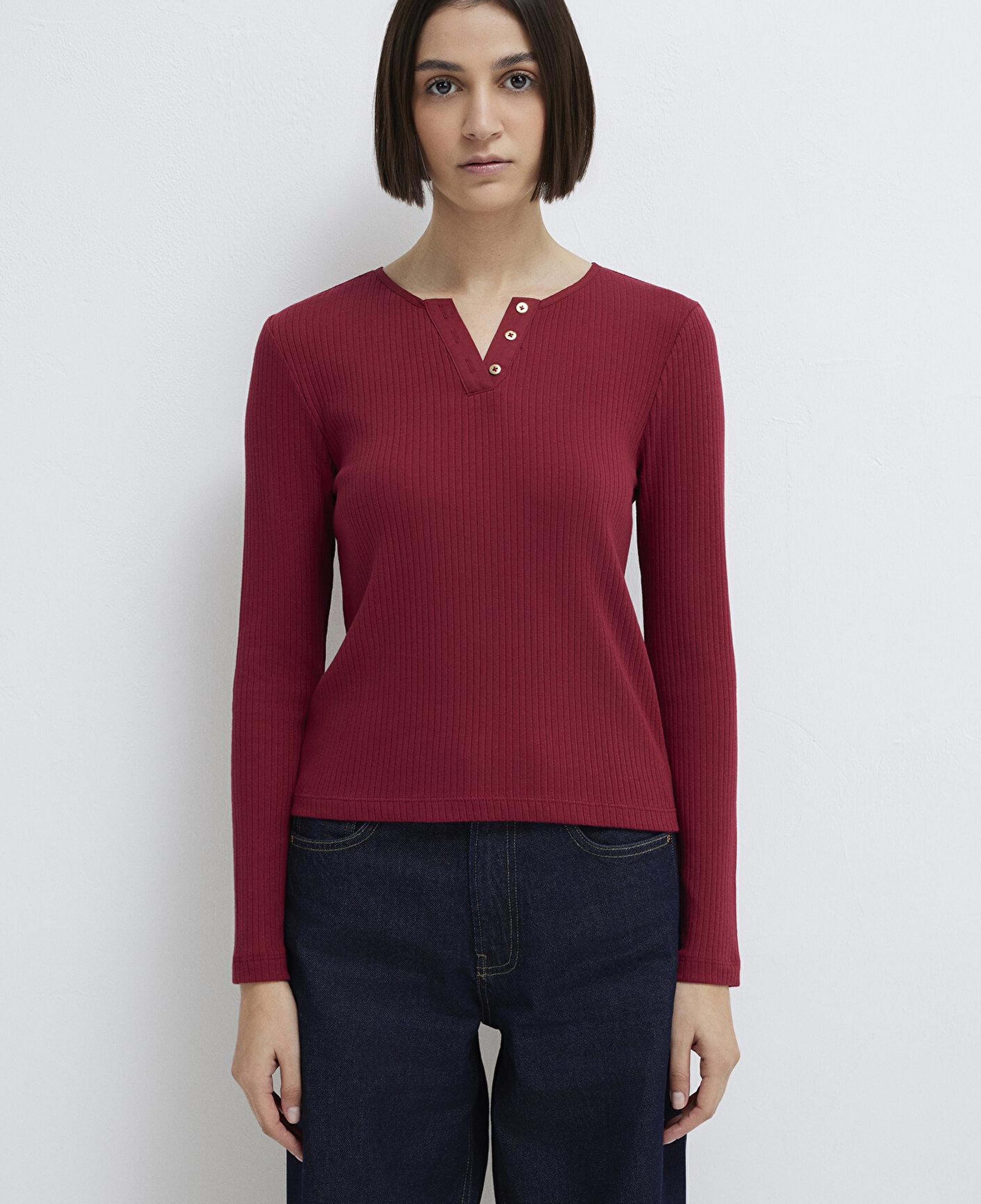 Mavi Uzun Kollu Düğme Detaylı Kırmızı Tişört Slim Fit / Dar Kesim 1613756-70431