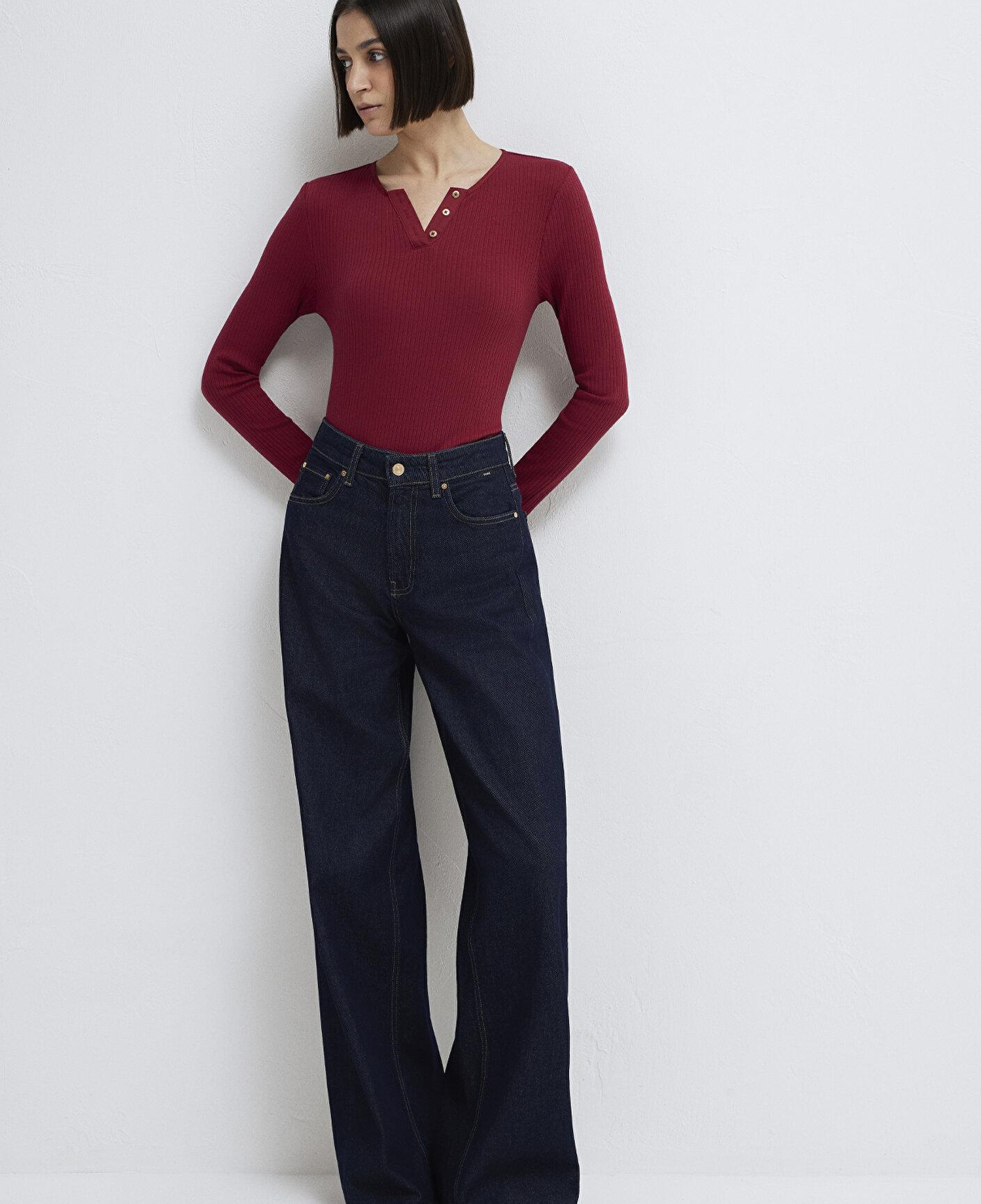 Mavi Uzun Kollu Düğme Detaylı Kırmızı Tişört Slim Fit / Dar Kesim 1613756-70431