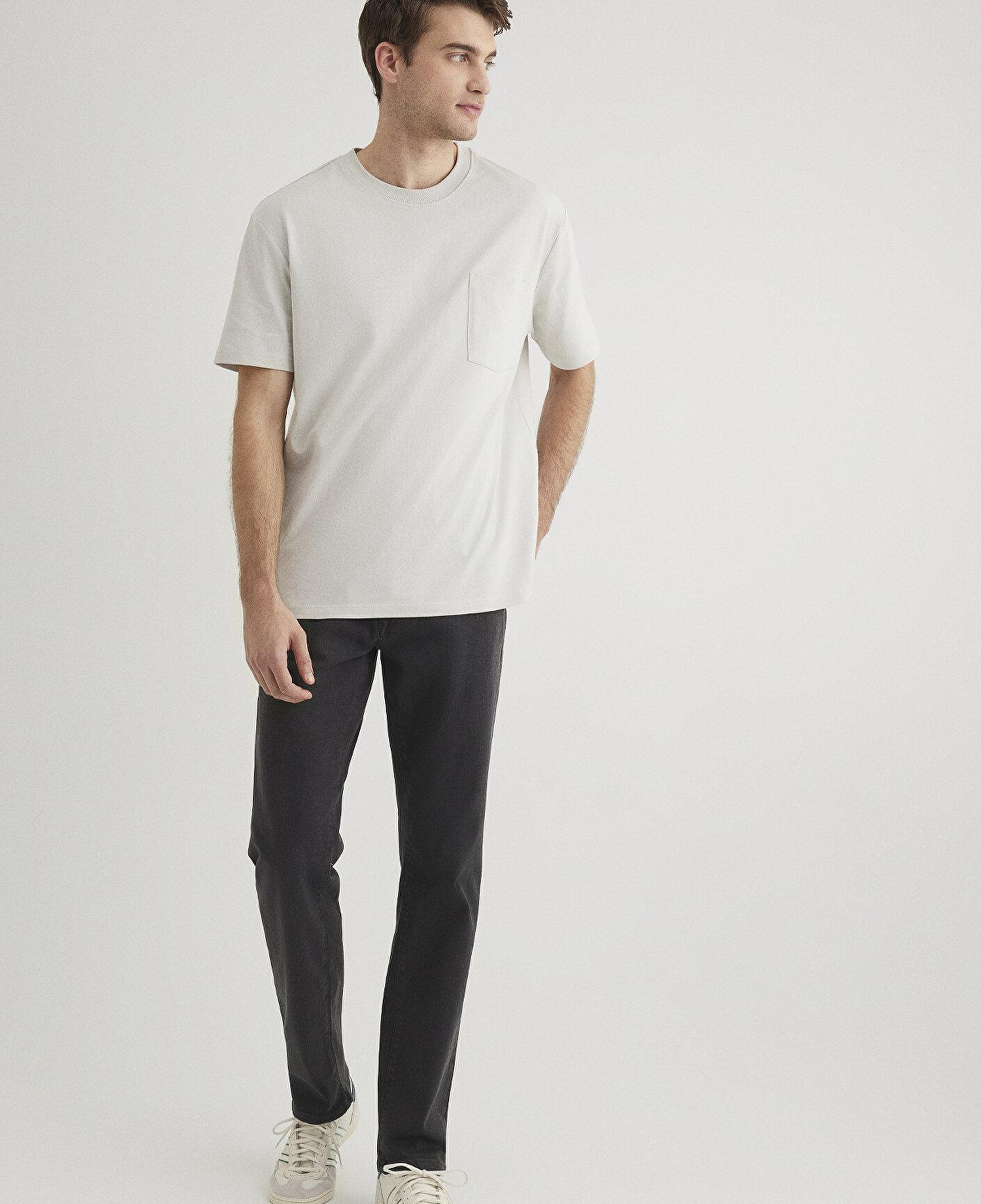 Mavi Cep Detaylı Gri Basic Tişört Loose Fit / Bol Rahat Kesim 066248-70080