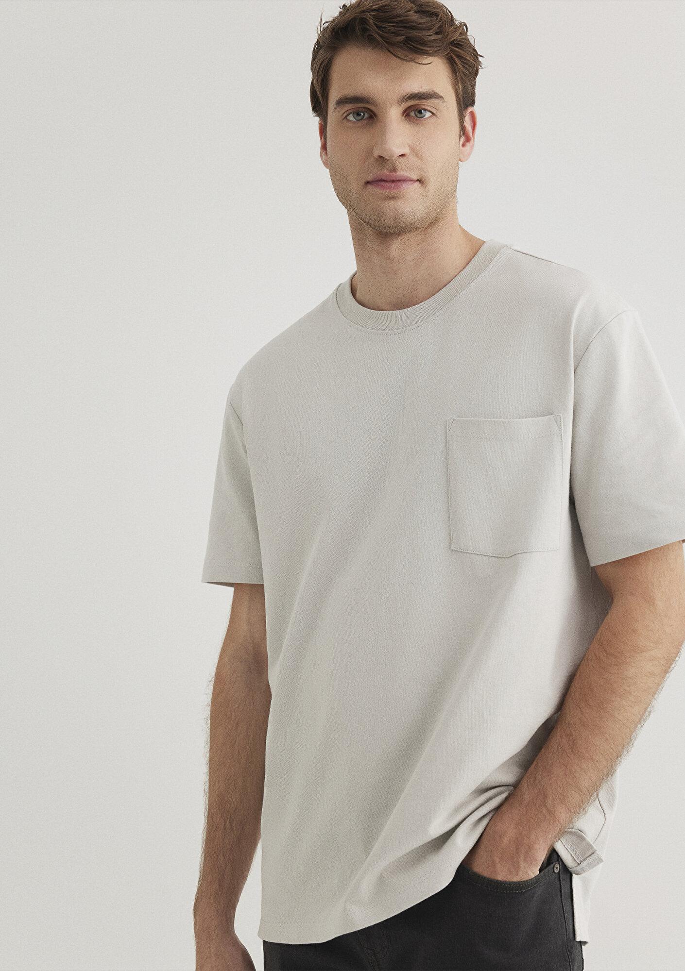 Mavi Cep Detaylı Gri Basic Tişört Loose Fit / Bol Rahat Kesim 066248-70080