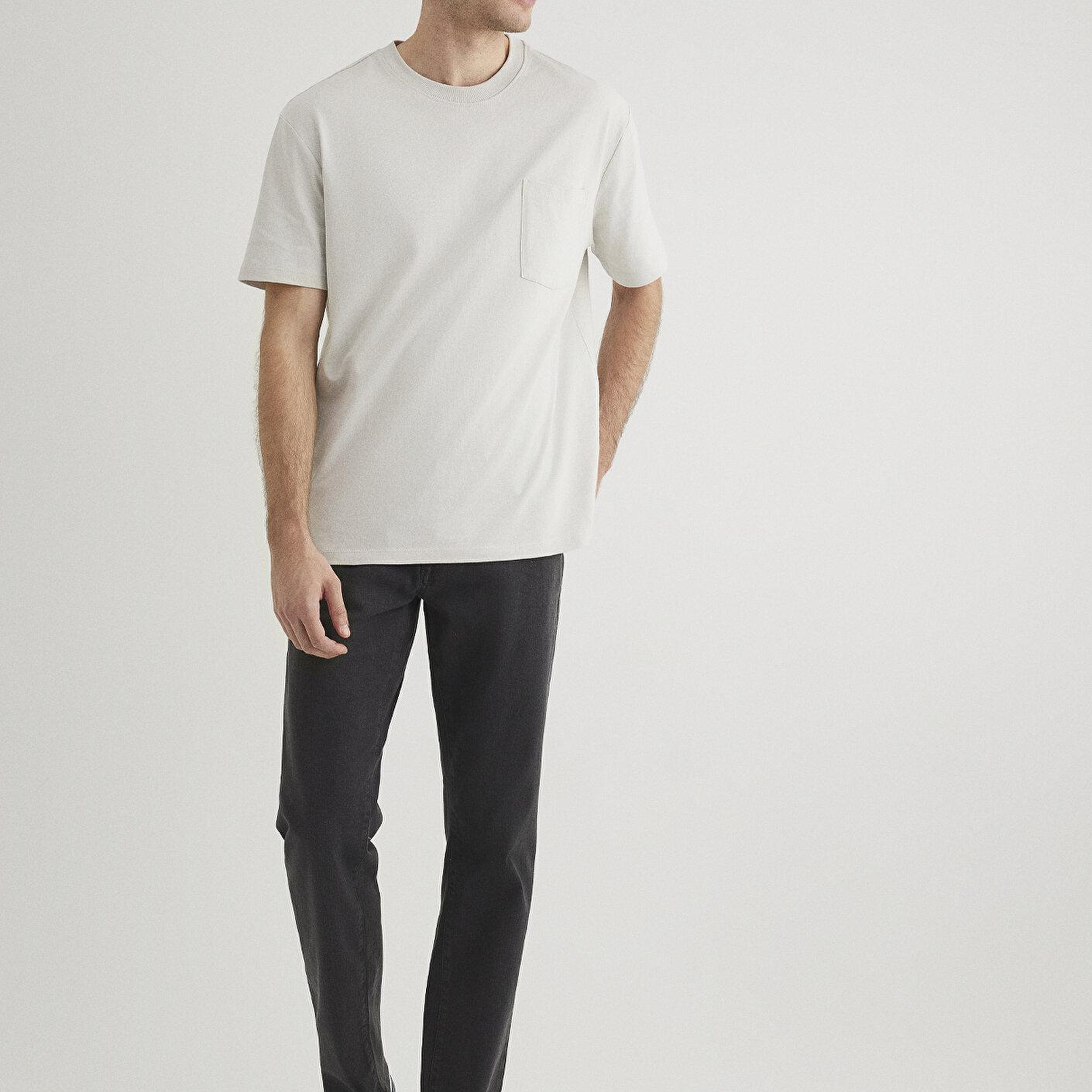 Mavi Cep Detaylı Gri Basic Tişört Loose Fit / Bol Rahat Kesim 066248-70080
