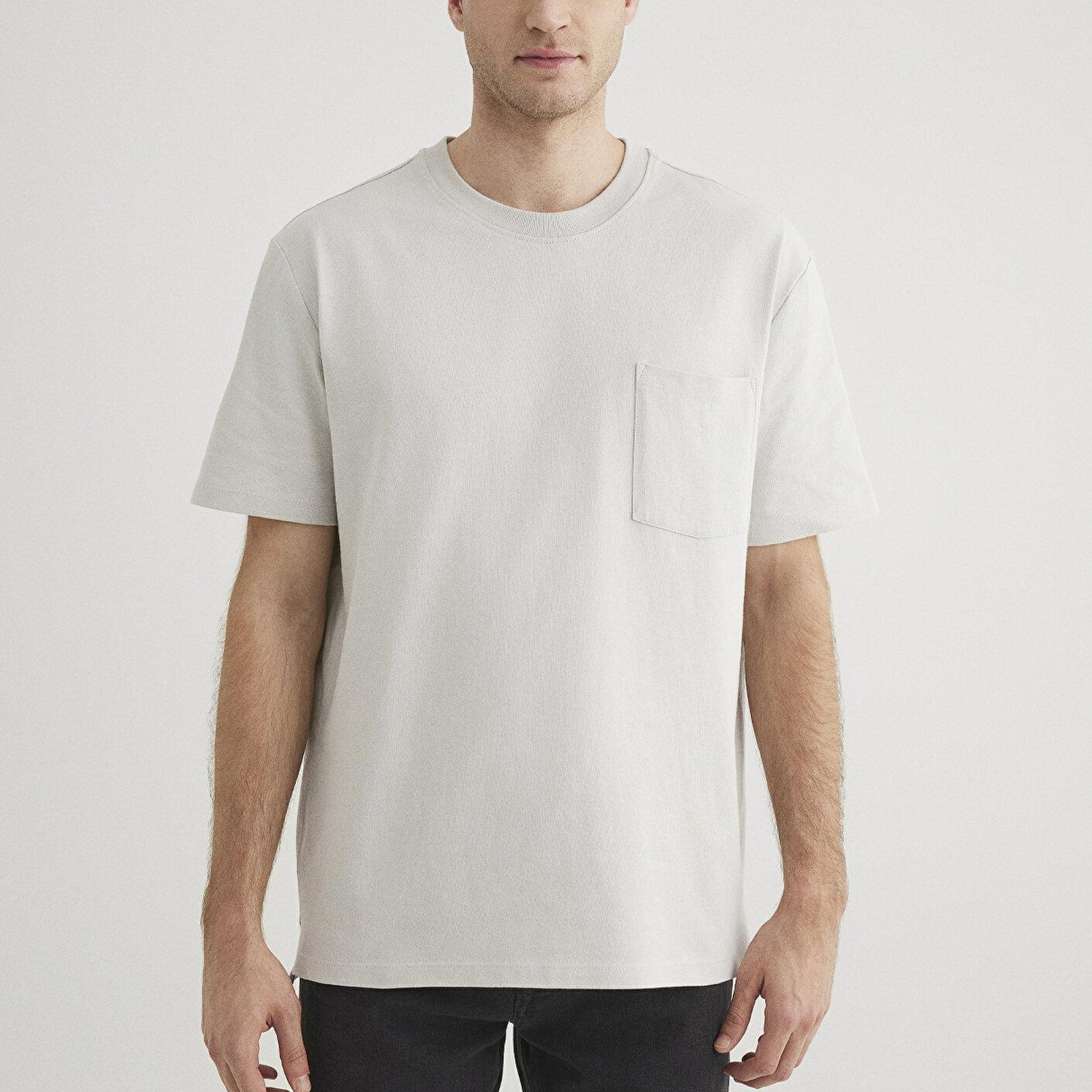 Mavi Cep Detaylı Gri Basic Tişört Loose Fit / Bol Rahat Kesim 066248-70080
