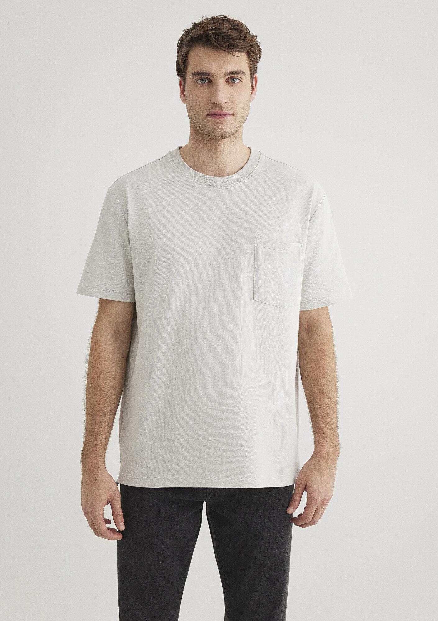 Mavi Cep Detaylı Gri Basic Tişört Loose Fit / Bol Rahat Kesim 066248-70080