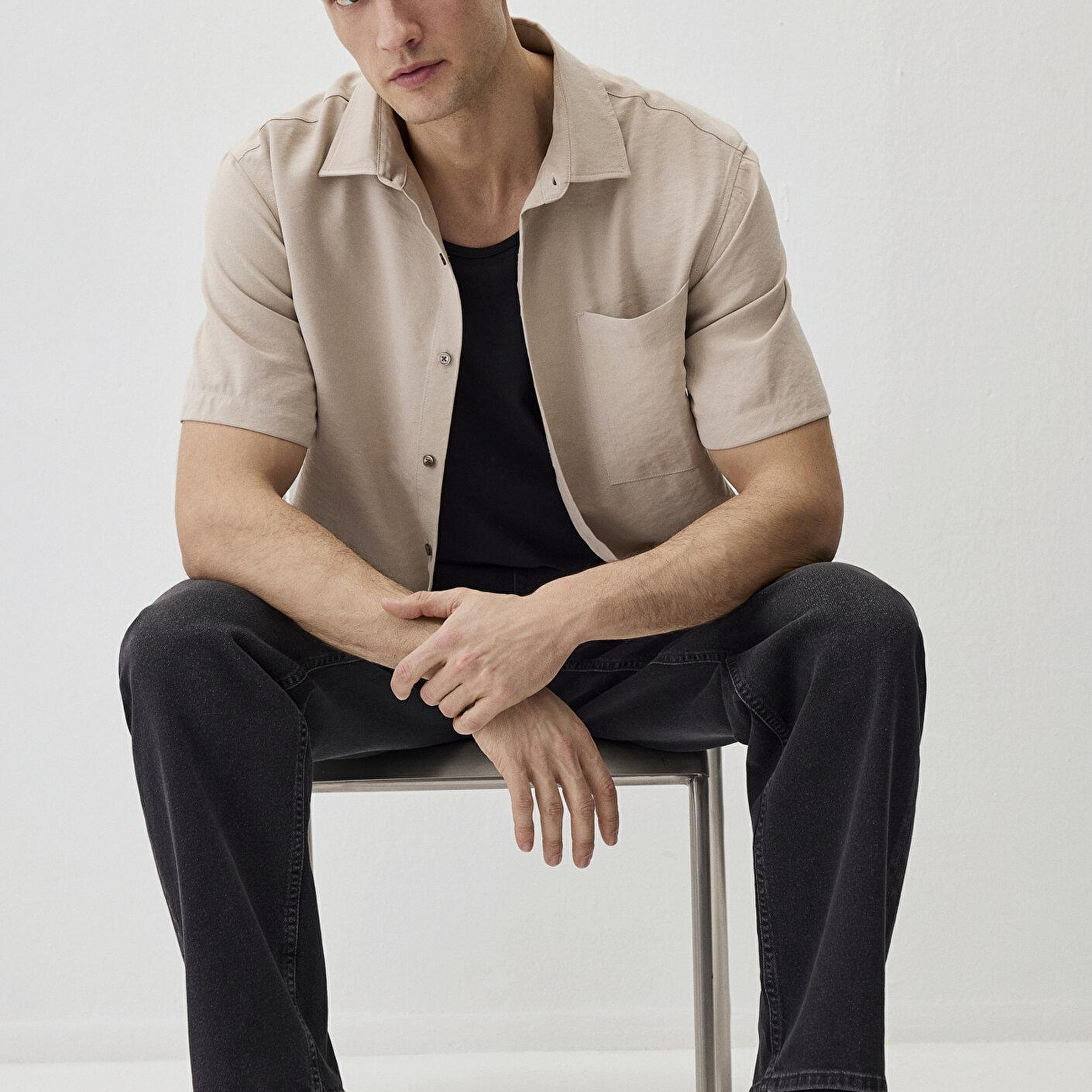 Mavi Kısa Kollu Bej (TENCEL™) Modal Karışımlı Gömlek Regular Fit / Normal Kesim 0211517-82393