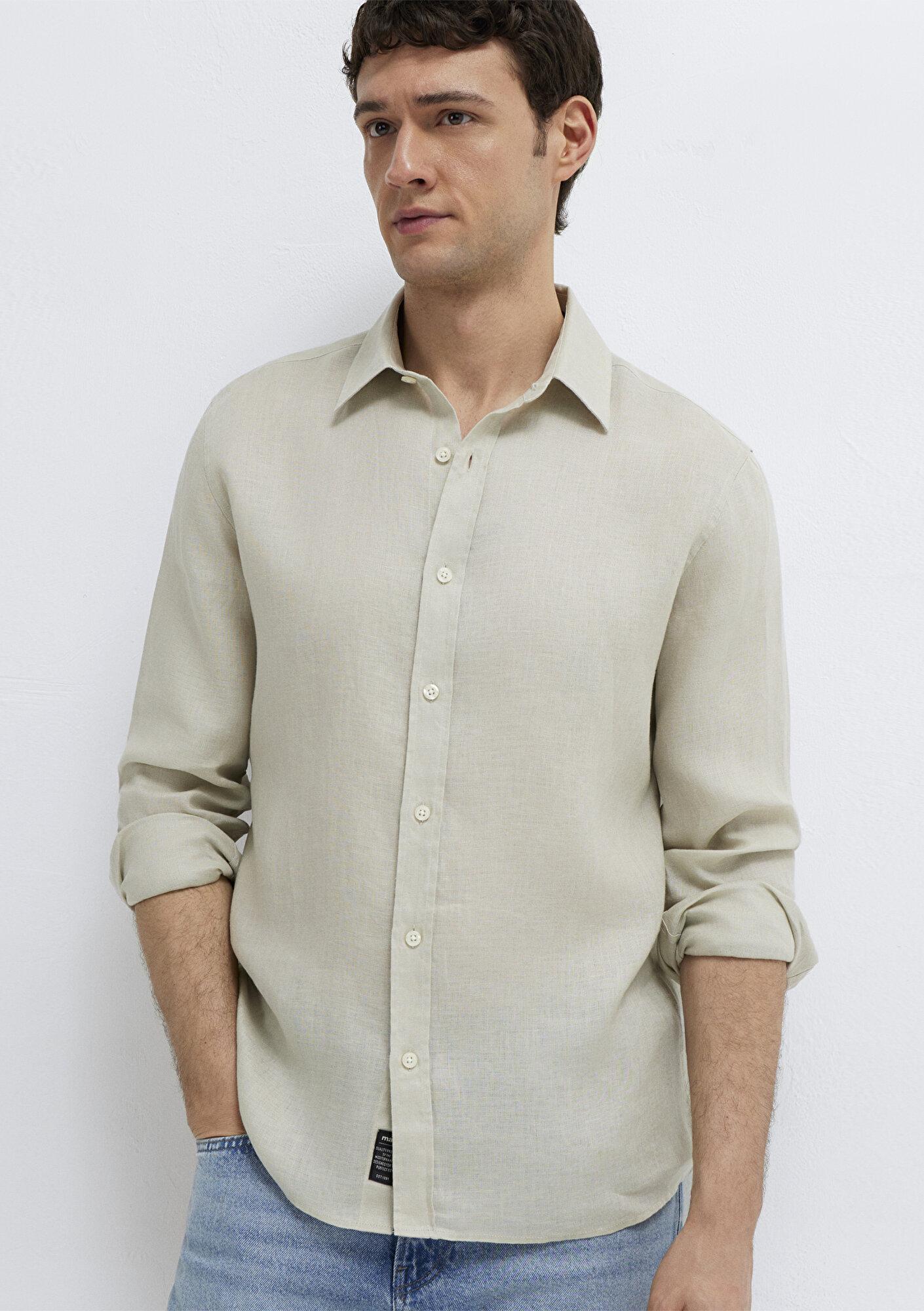 Mavi Bej Keten Gömlek Slim Fit / Dar Kesim 0211466-70134