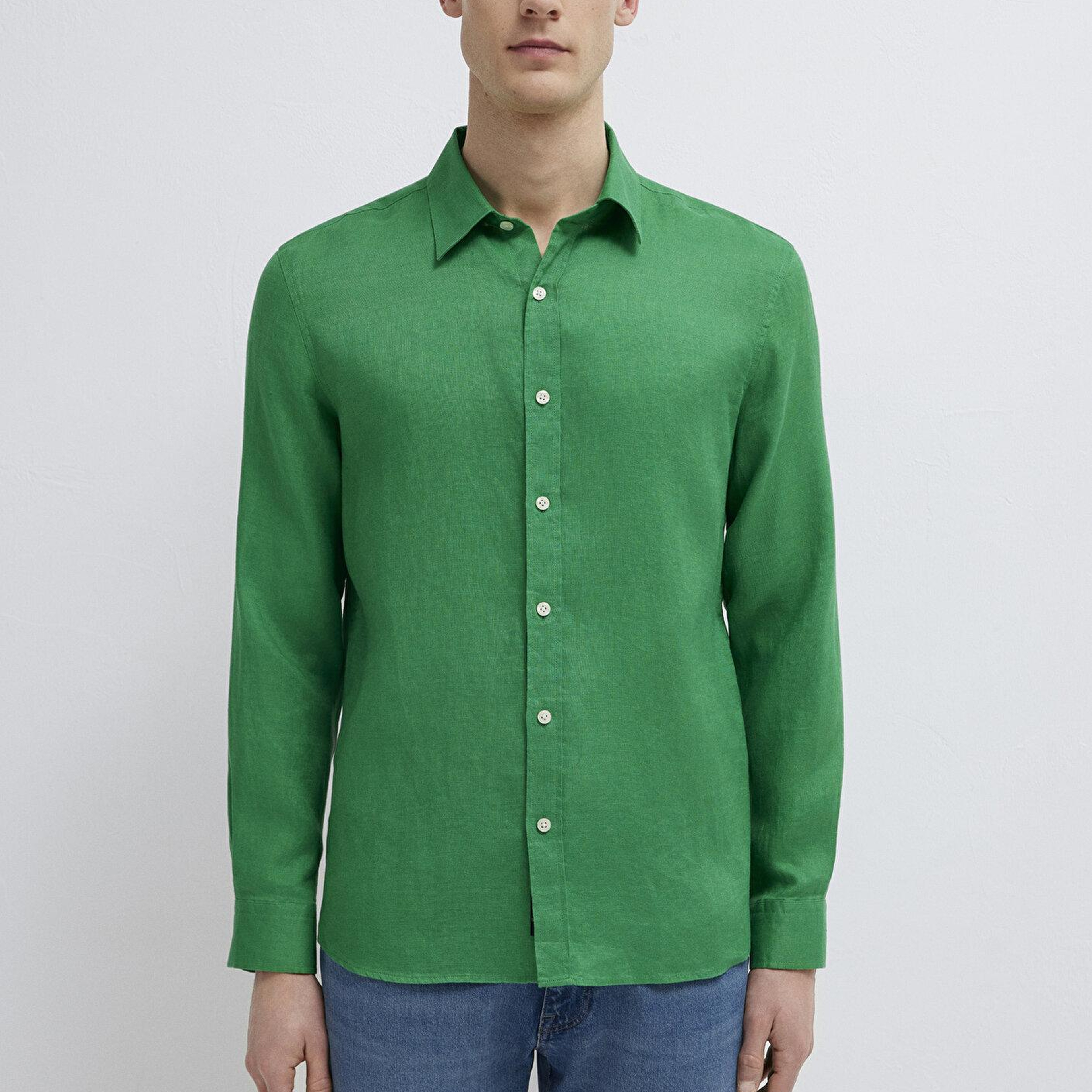 Mavi Yeşil Keten Gömlek Slim Fit / Dar Kesim 0211466-71704