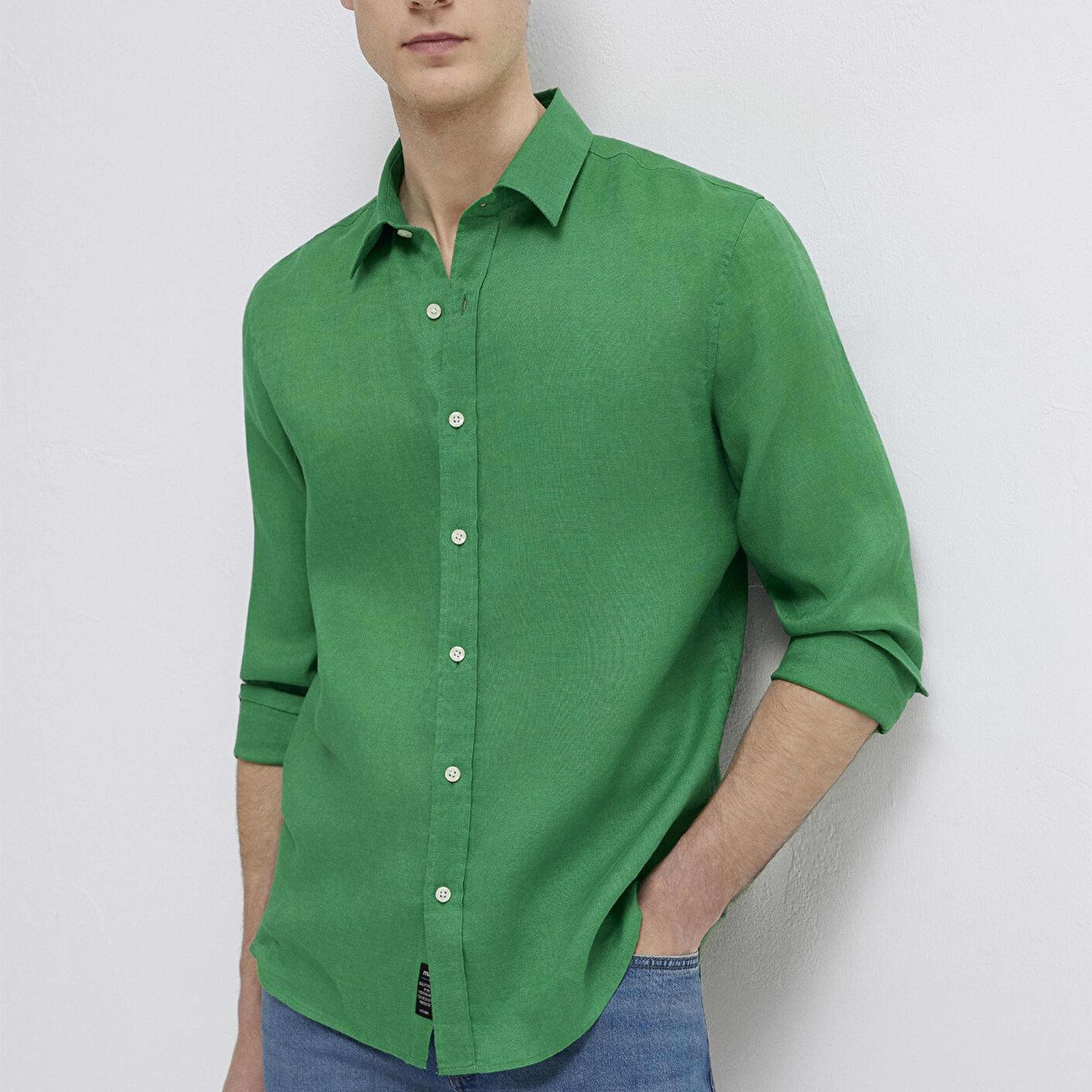 Mavi Yeşil Keten Gömlek Slim Fit / Dar Kesim 0211466-71704