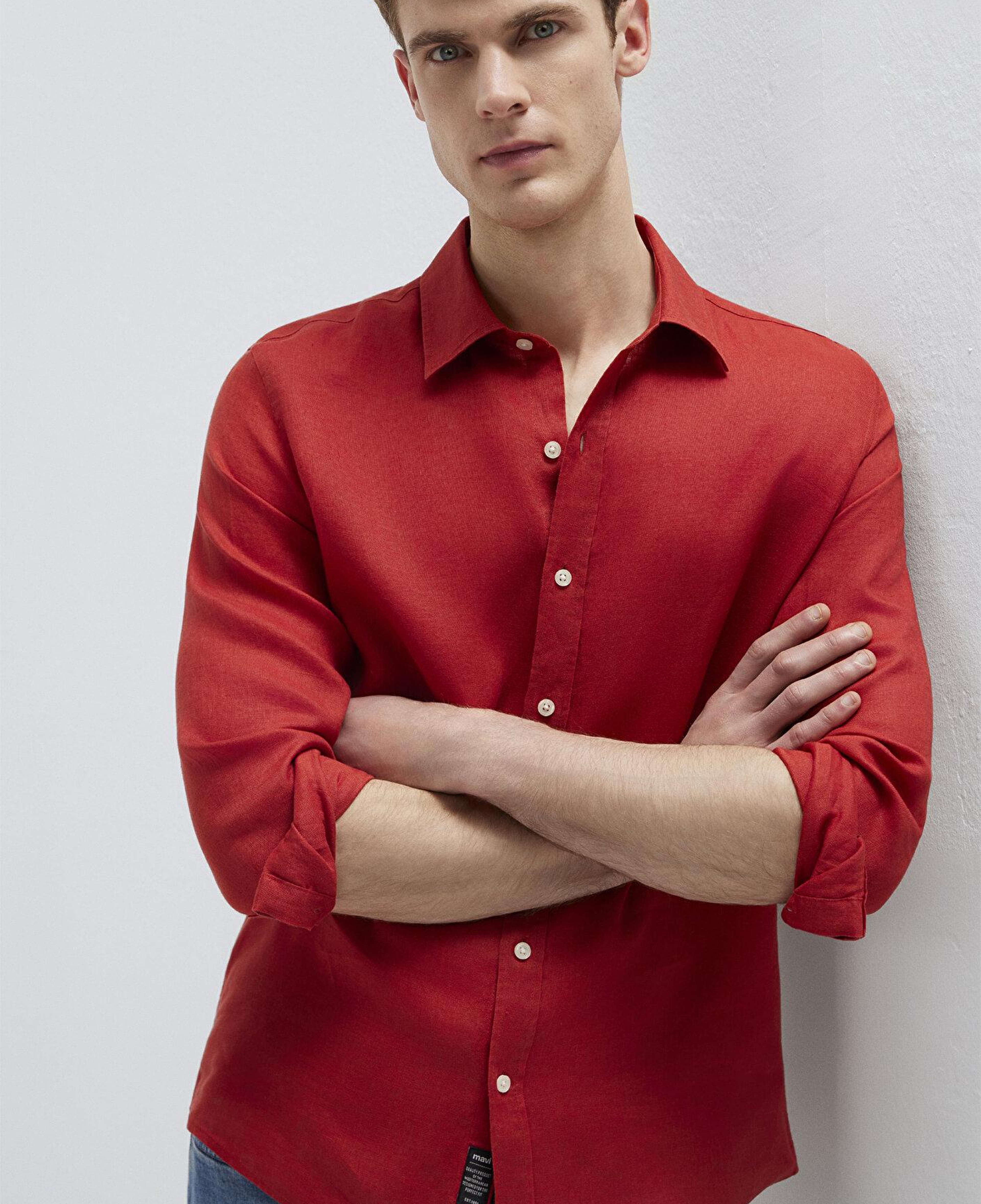 Mavi Kırmızı Keten Gömlek Slim Fit / Dar Kesim 0211466-70454
