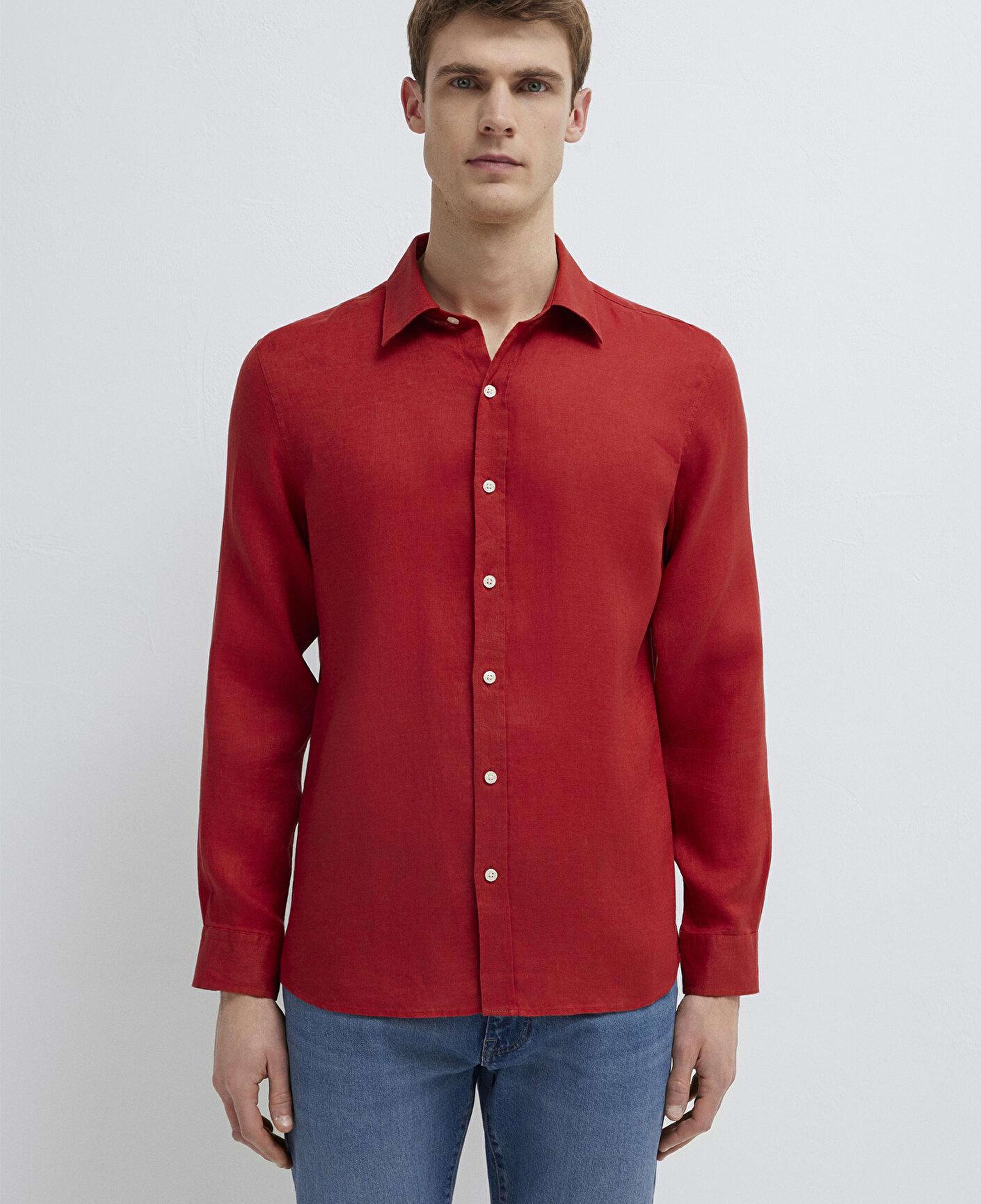 Mavi Kırmızı Keten Gömlek Slim Fit / Dar Kesim 0211466-70454