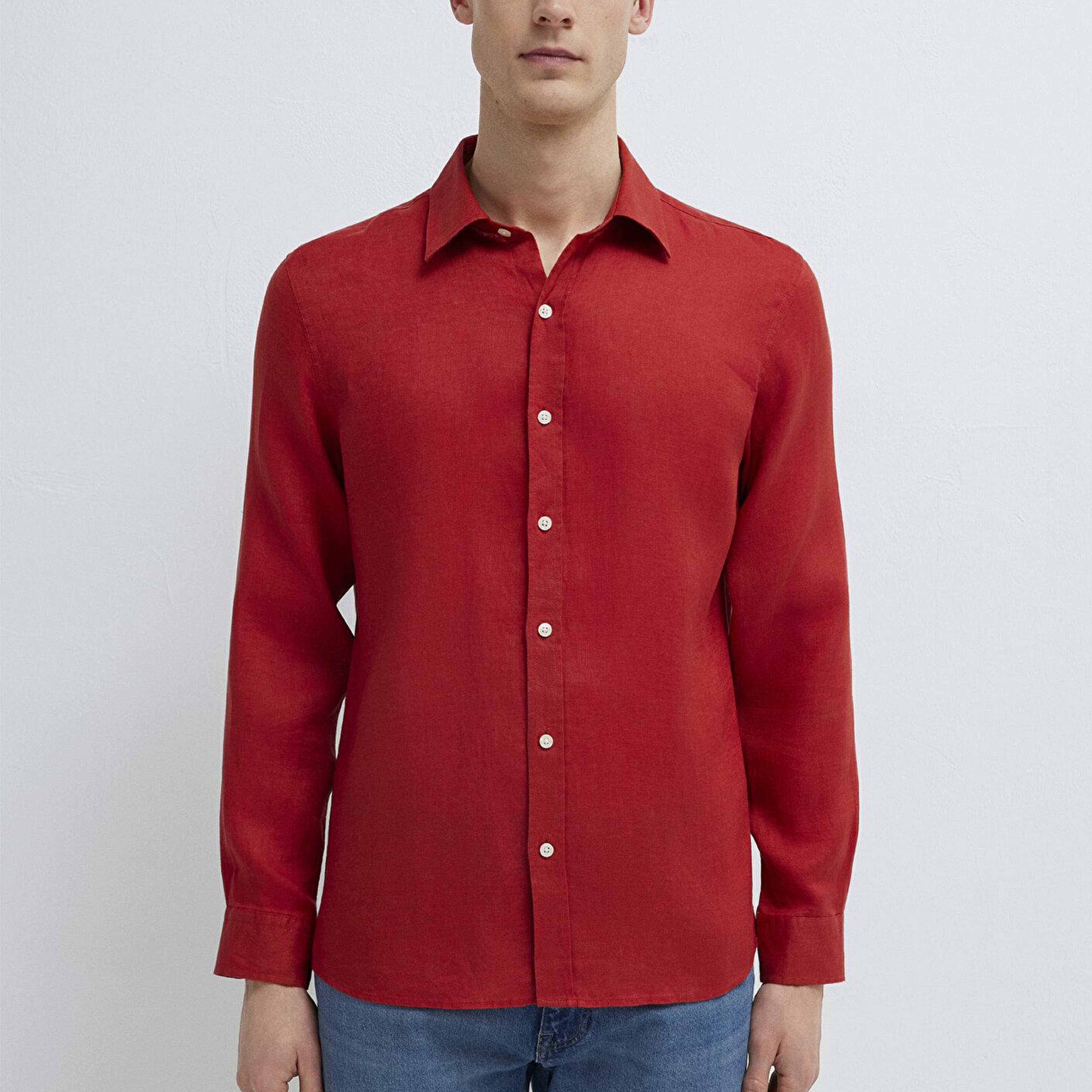 Mavi Kırmızı Keten Gömlek Slim Fit / Dar Kesim 0211466-70454