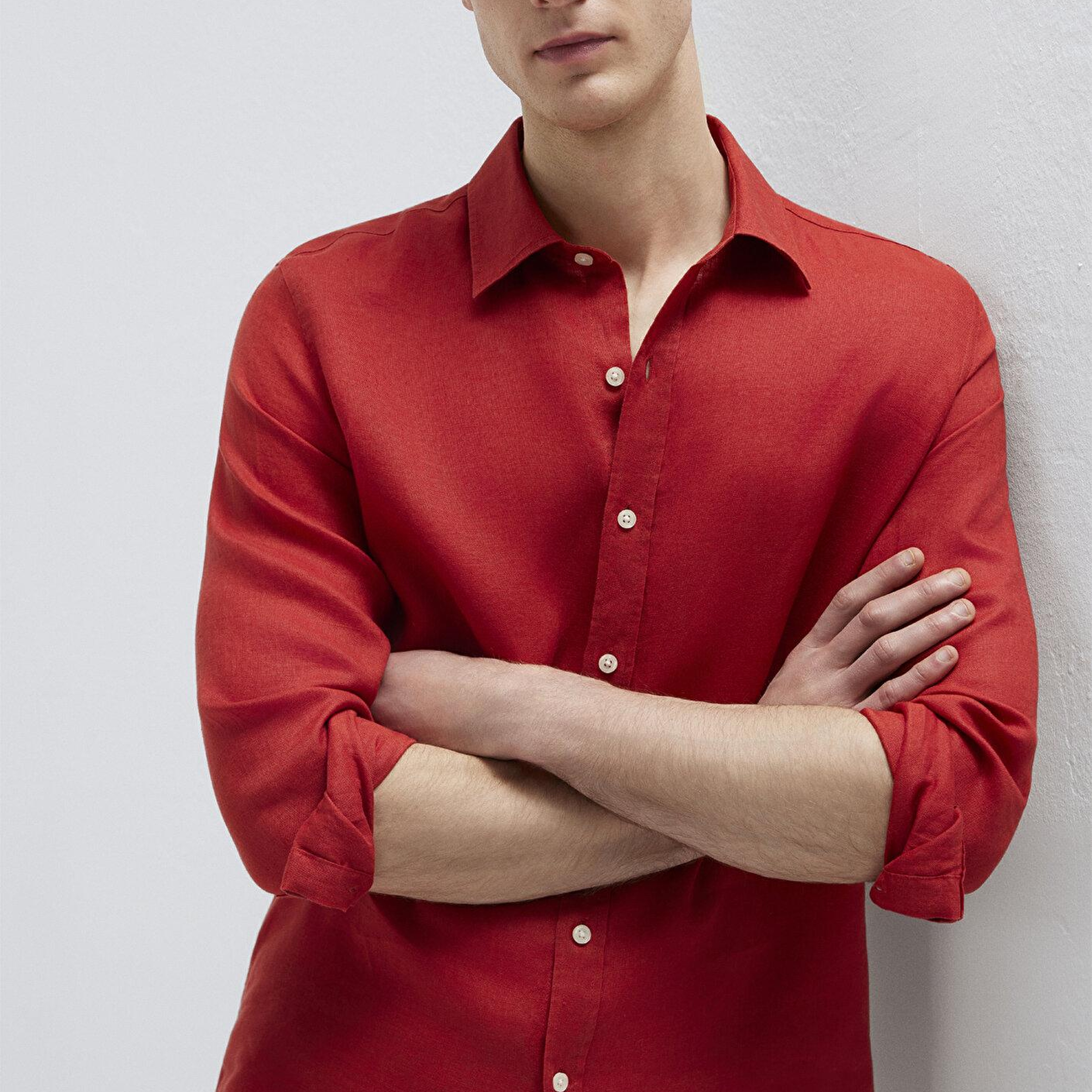 Mavi Kırmızı Keten Gömlek Slim Fit / Dar Kesim 0211466-70454
