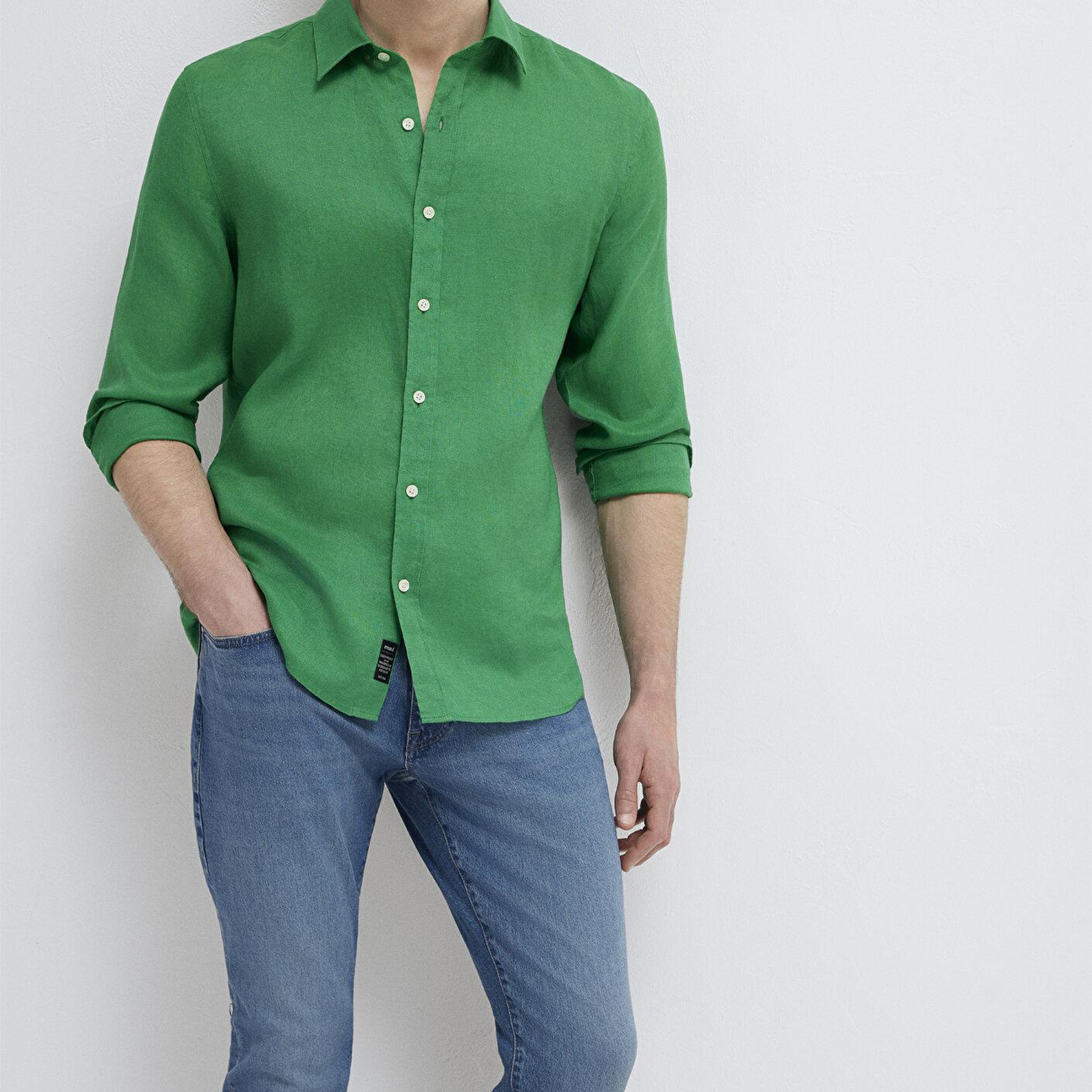 Mavi Yeşil Keten Gömlek Slim Fit / Dar Kesim 0211466-71704