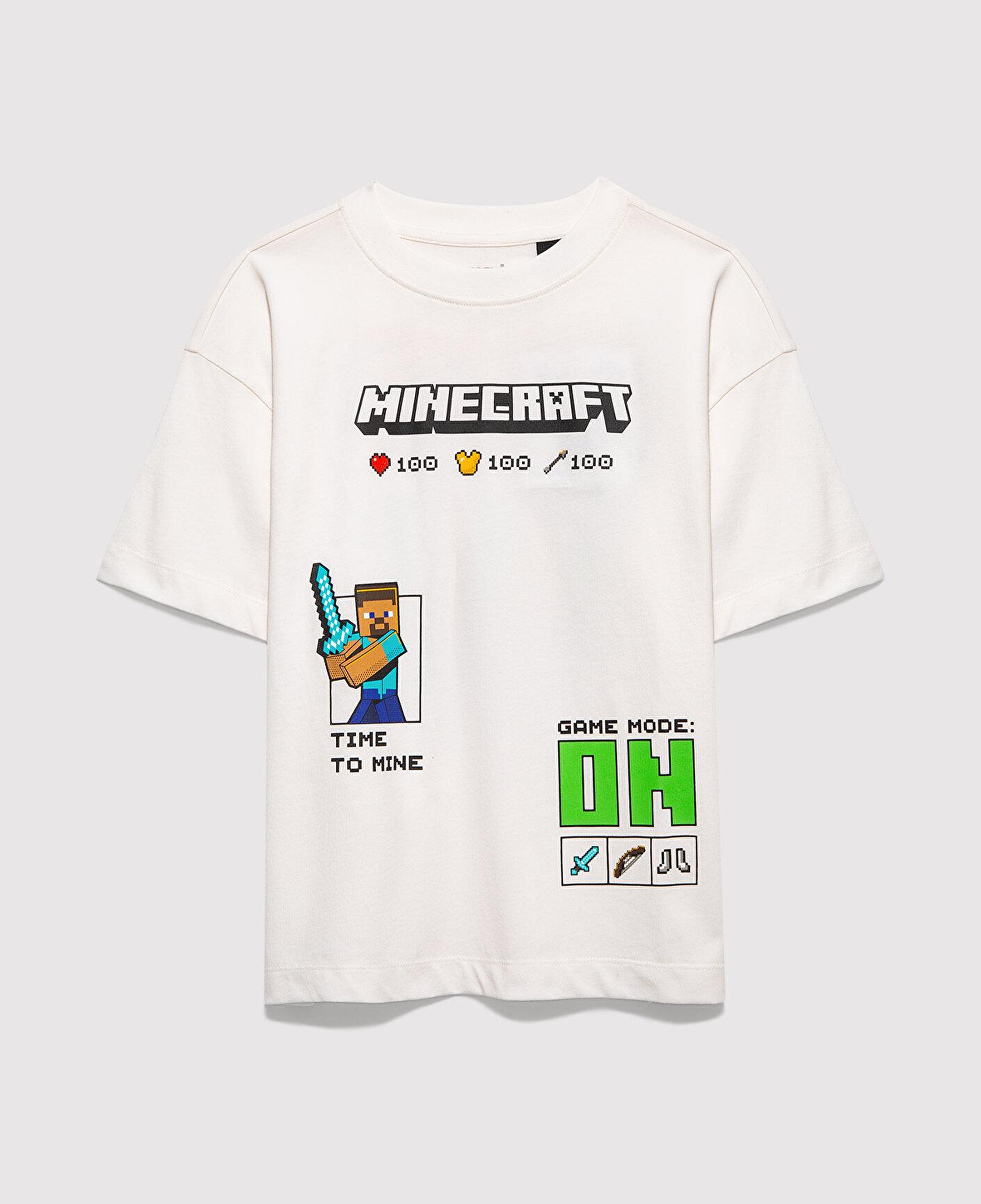 Mavi Minecraft Baskılı Ekru Tişört Oversize / Geniş Kesim 6610479-70057