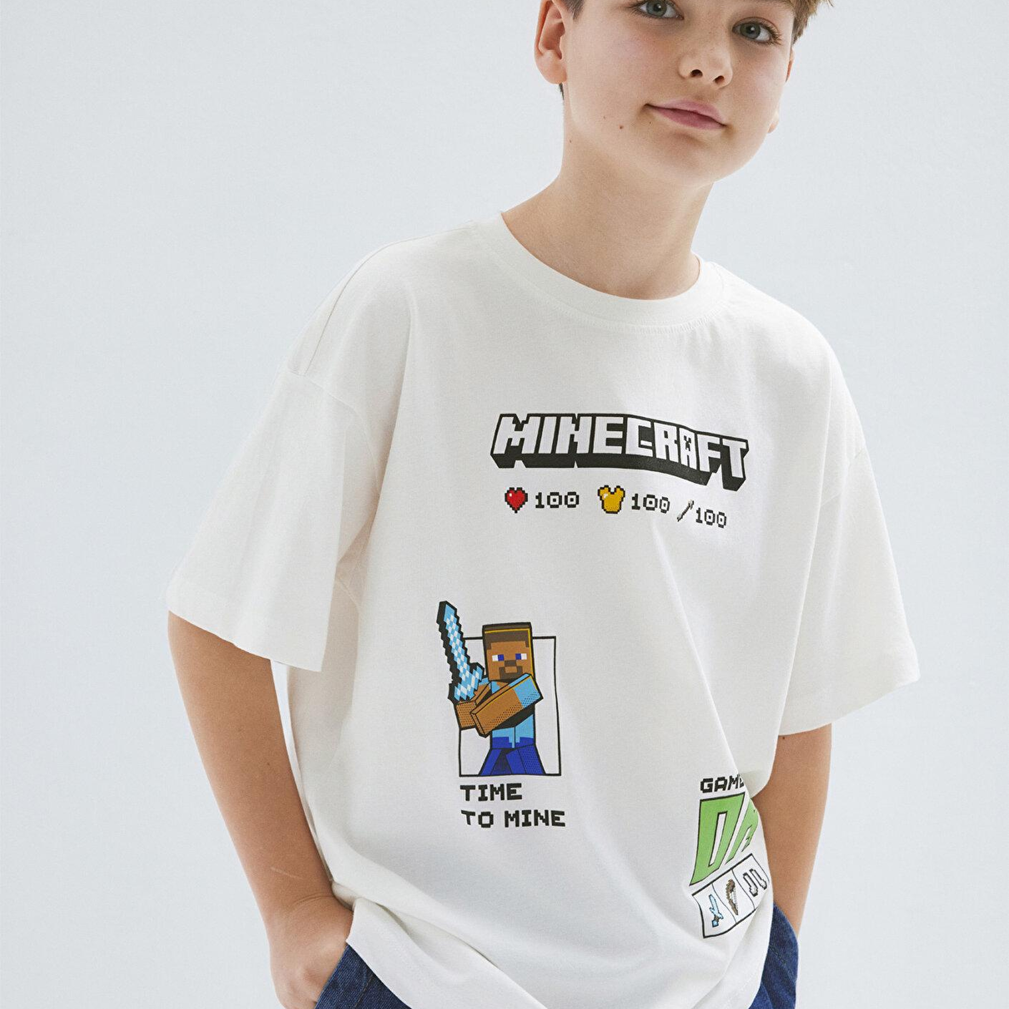 Mavi Minecraft Baskılı Ekru Tişört Oversize / Geniş Kesim 6610479-70057