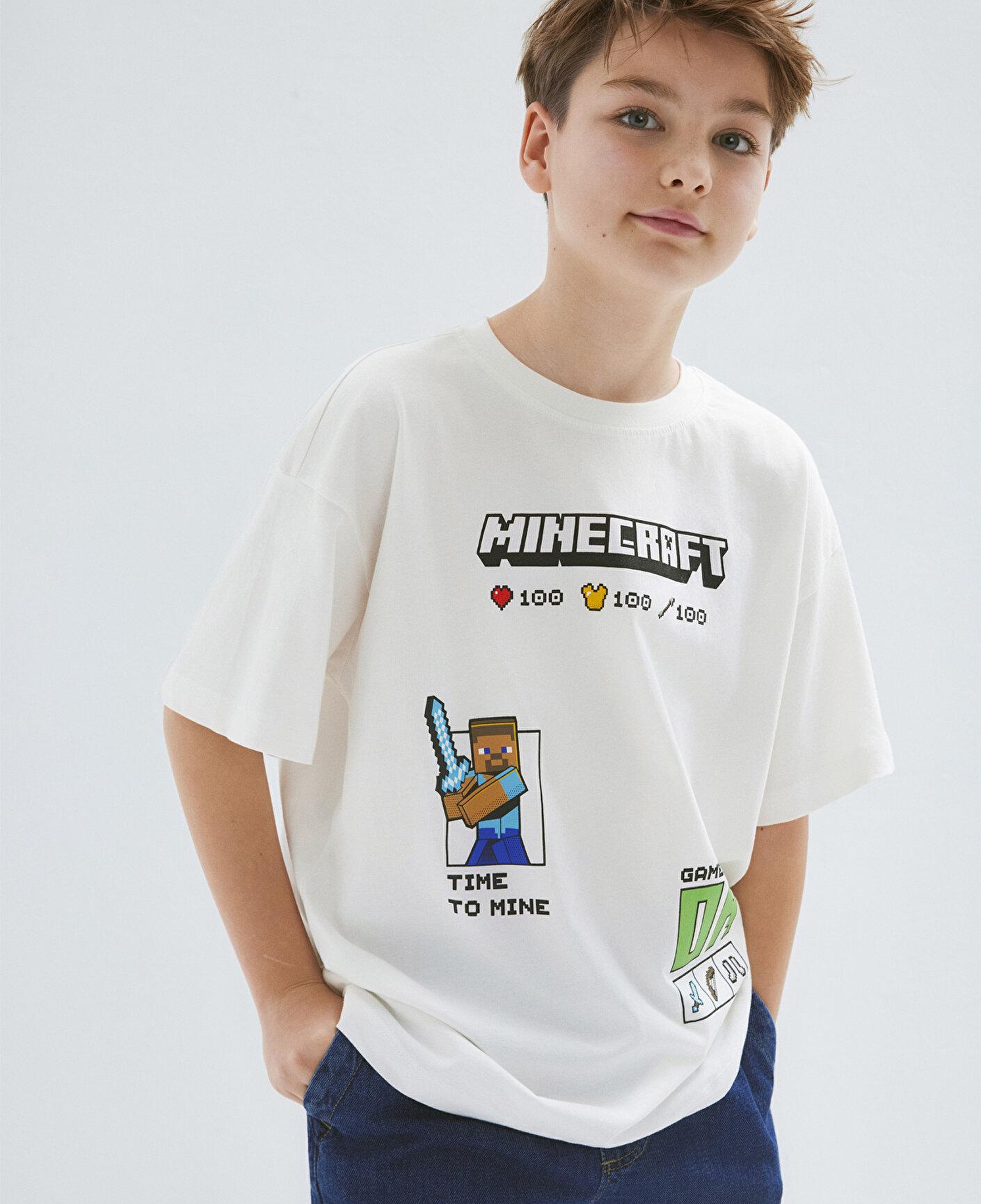 Mavi Minecraft Baskılı Ekru Tişört Oversize / Geniş Kesim 6610479-70057