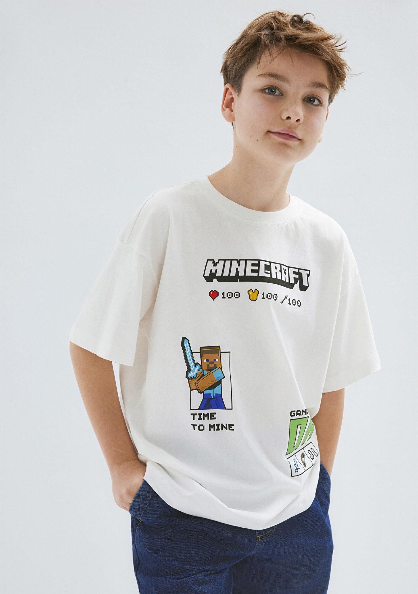 Mavi Minecraft Baskılı Ekru Tişört Oversize / Geniş Kesim 6610479-70057