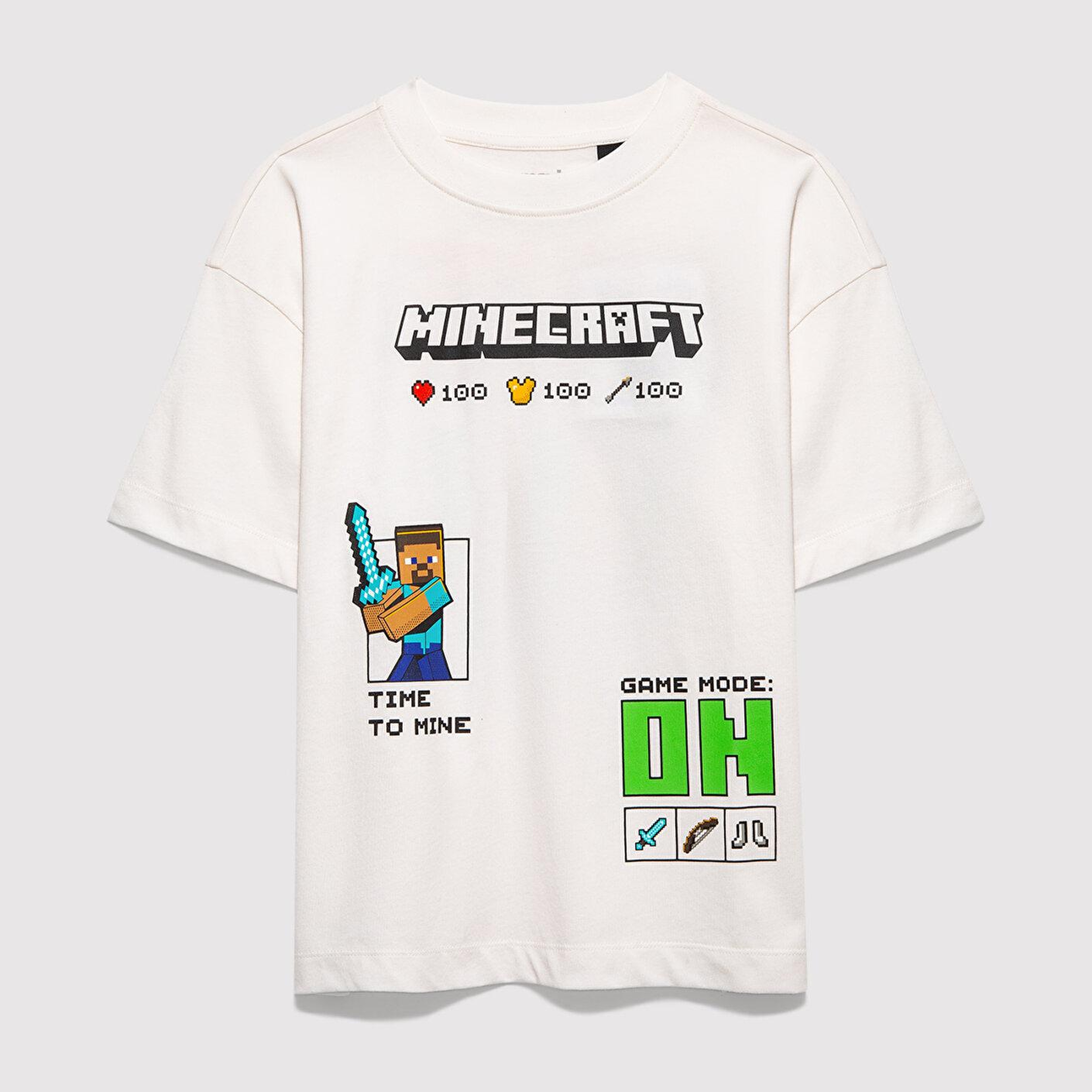Mavi Minecraft Baskılı Ekru Tişört Oversize / Geniş Kesim 6610479-70057