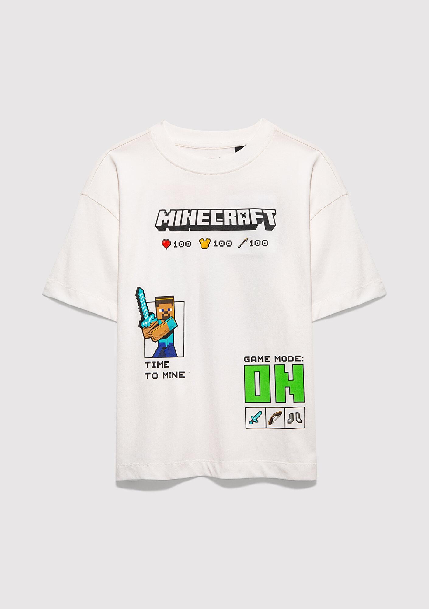 Mavi Minecraft Baskılı Ekru Tişört Oversize / Geniş Kesim 6610479-70057