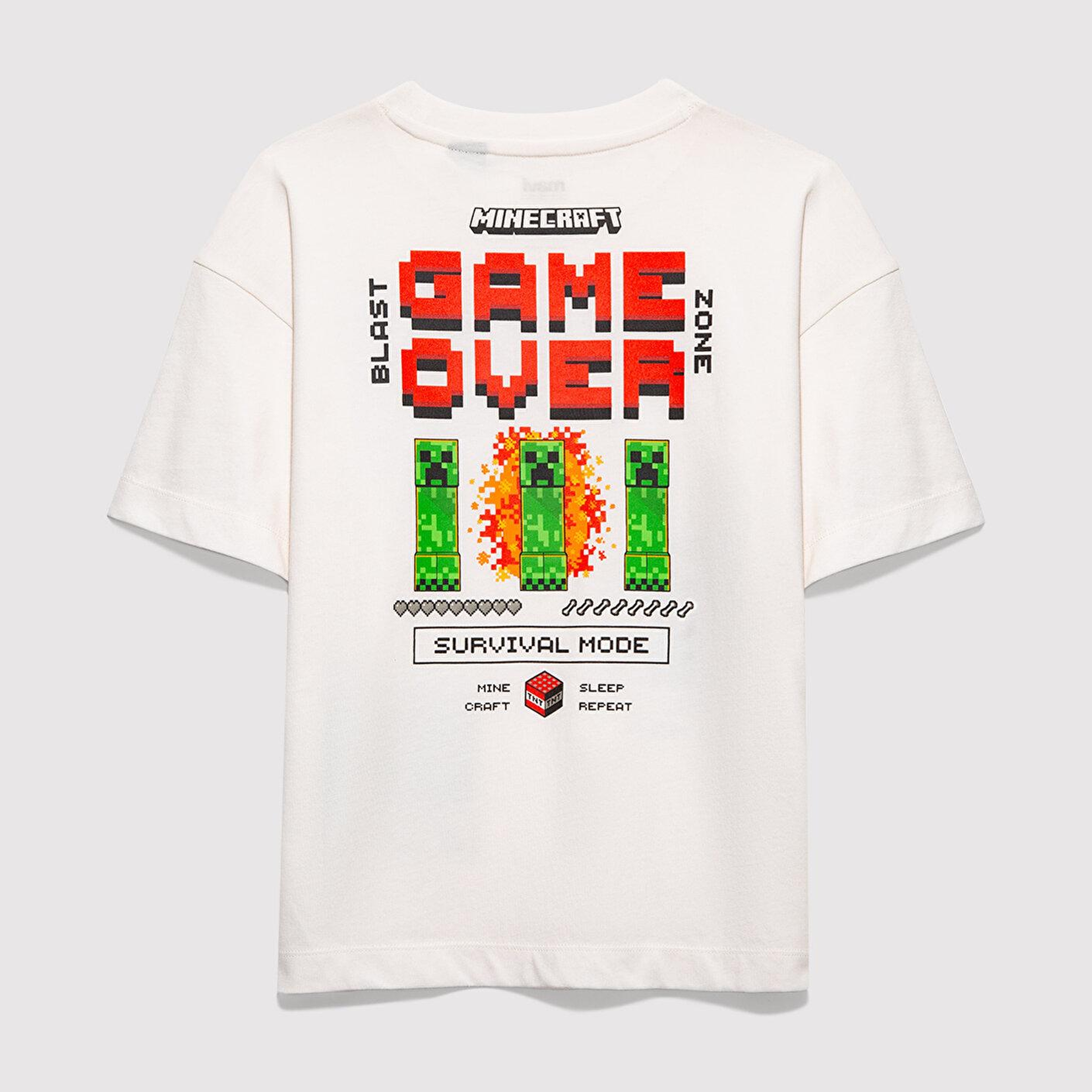 Mavi Minecraft Baskılı Ekru Tişört Oversize / Geniş Kesim 6610479-70057