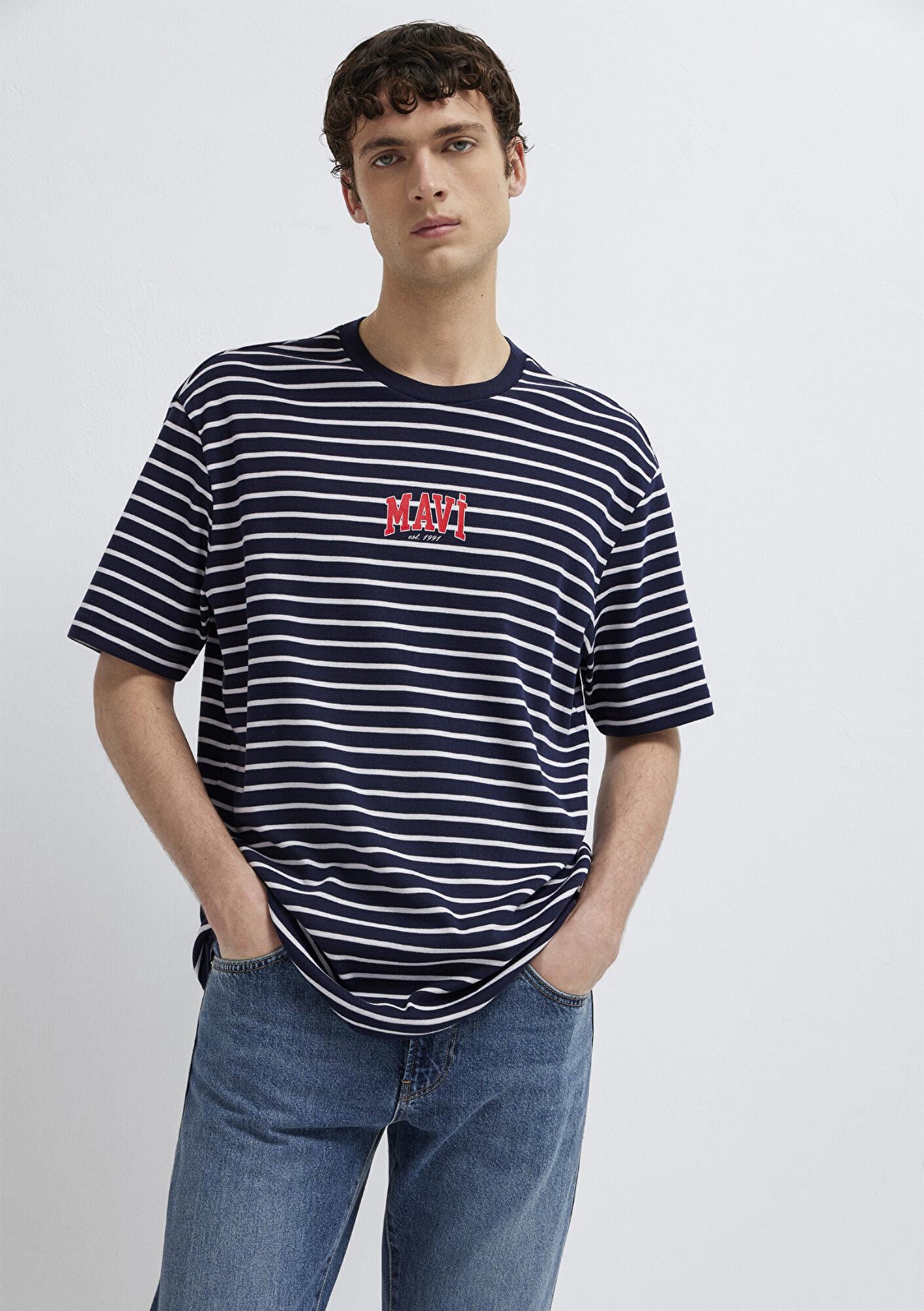 Mavi Mavi Logo Baskılı Çizgili Lacivert Tişört Loose Fit / Bol Rahat Kesim 0613600-84371