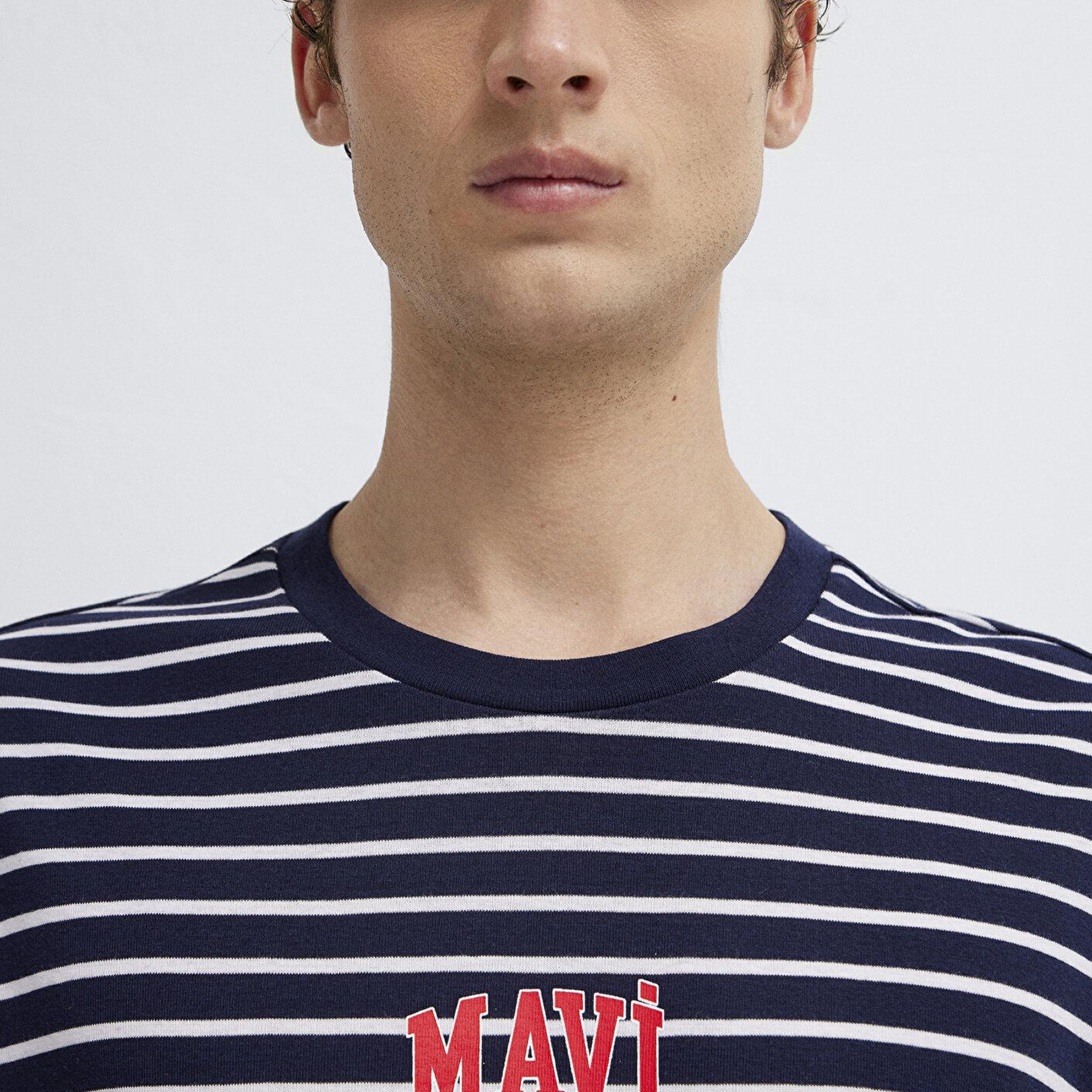 Mavi Mavi Logo Baskılı Çizgili Lacivert Tişört Loose Fit / Bol Rahat Kesim 0613600-84371
