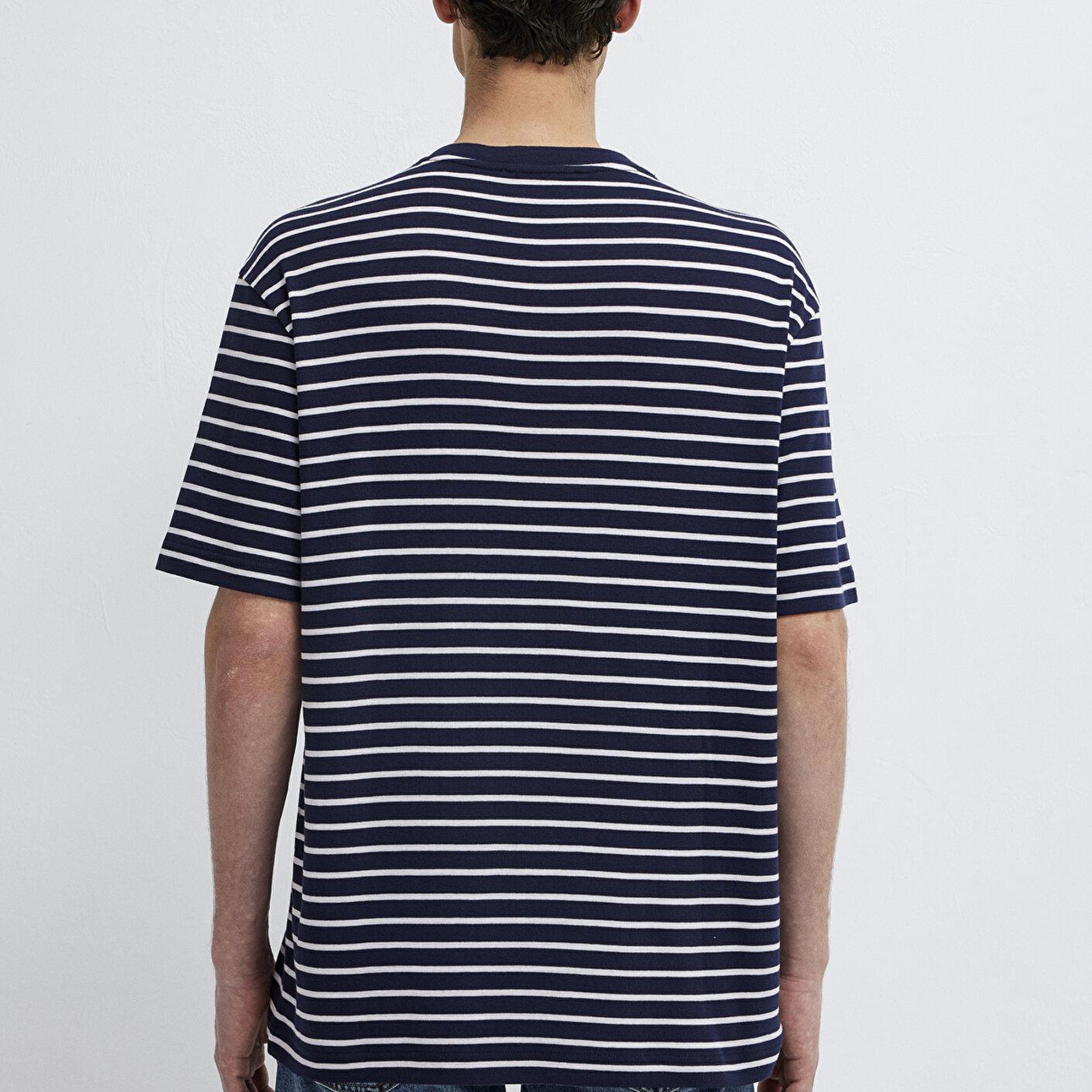 Mavi Mavi Logo Baskılı Çizgili Lacivert Tişört Loose Fit / Bol Rahat Kesim 0613600-84371