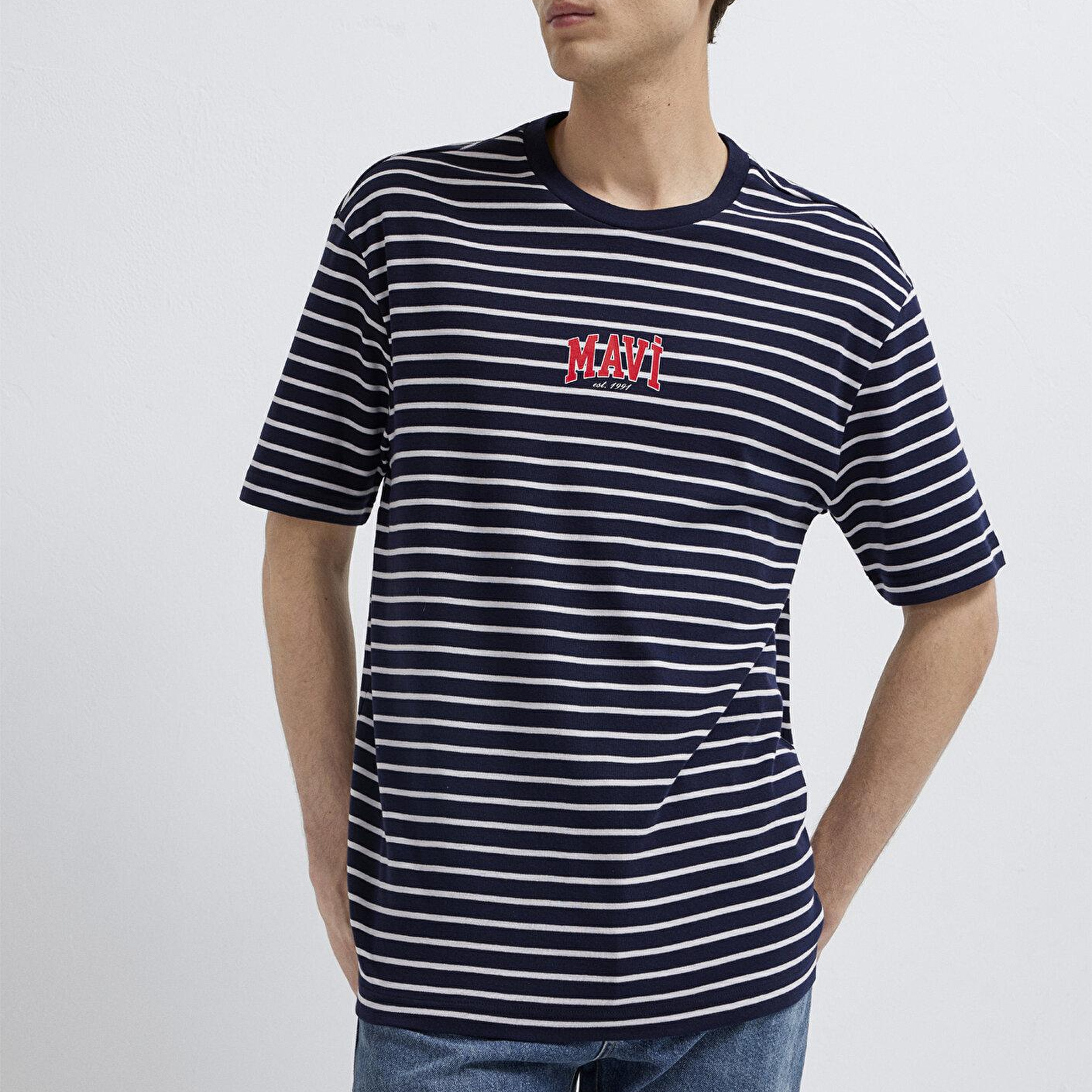 Mavi Mavi Logo Baskılı Çizgili Lacivert Tişört Loose Fit / Bol Rahat Kesim 0613600-84371