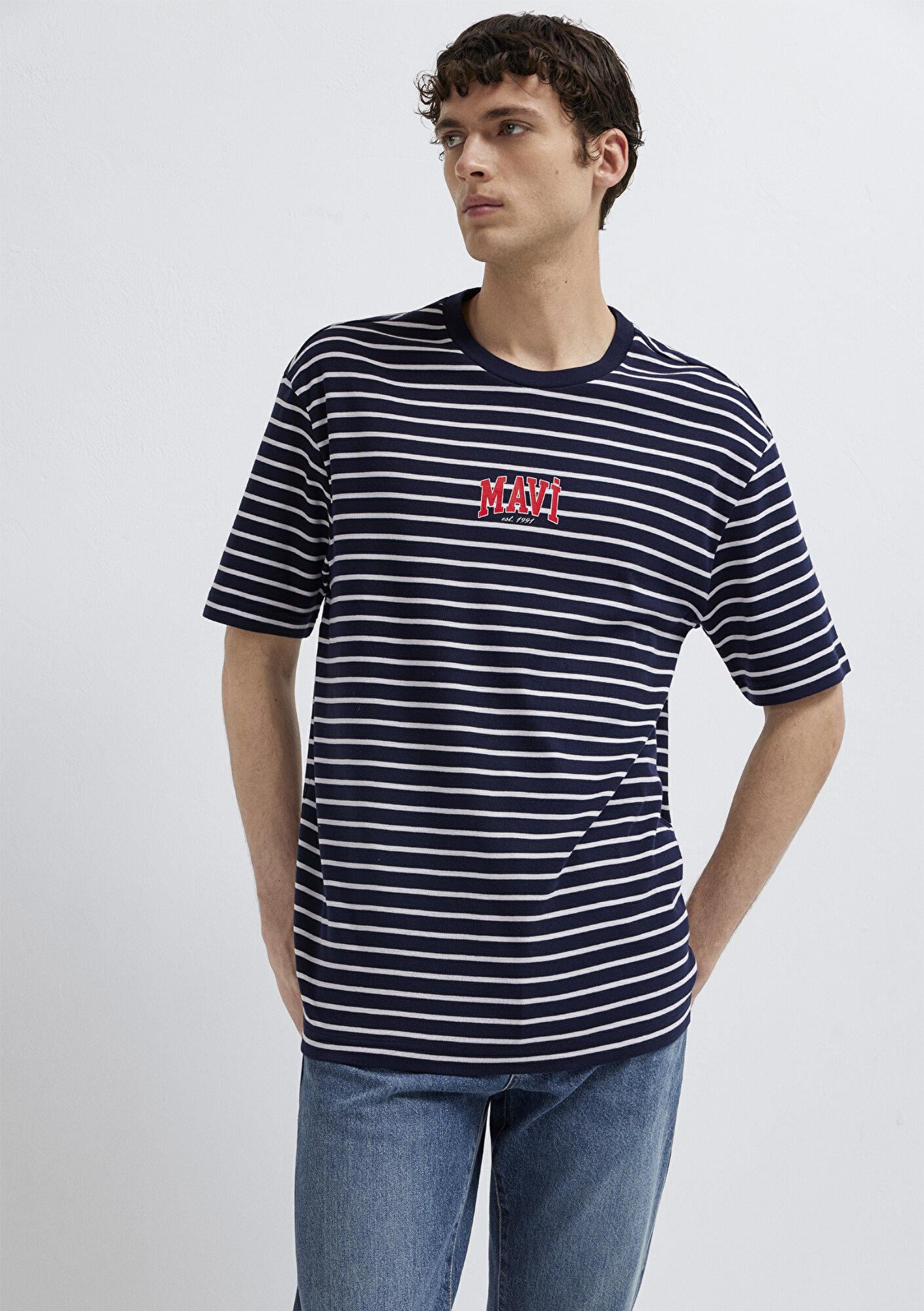 Mavi Mavi Logo Baskılı Çizgili Lacivert Tişört Loose Fit / Bol Rahat Kesim 0613600-84371