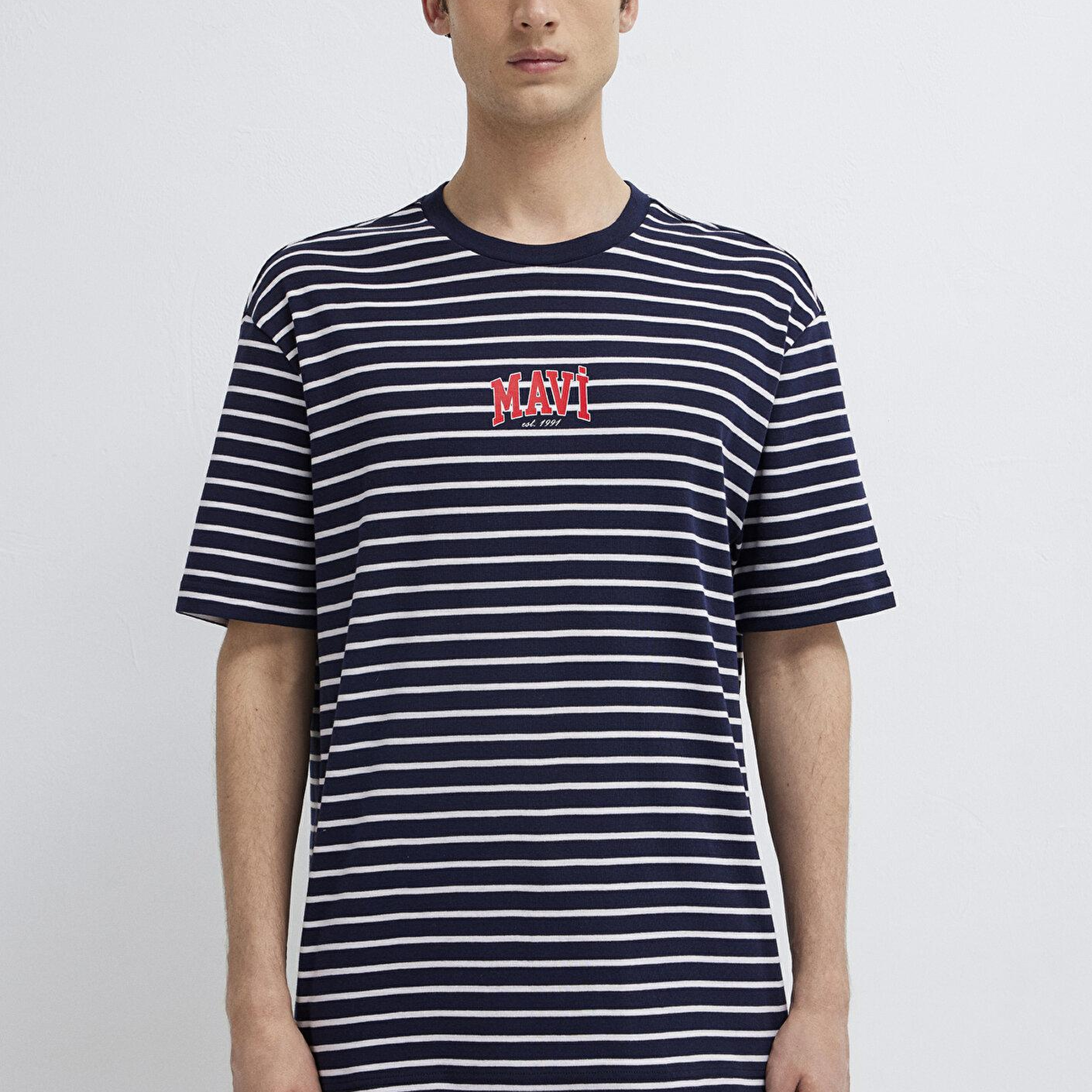 Mavi Mavi Logo Baskılı Çizgili Lacivert Tişört Loose Fit / Bol Rahat Kesim 0613600-84371