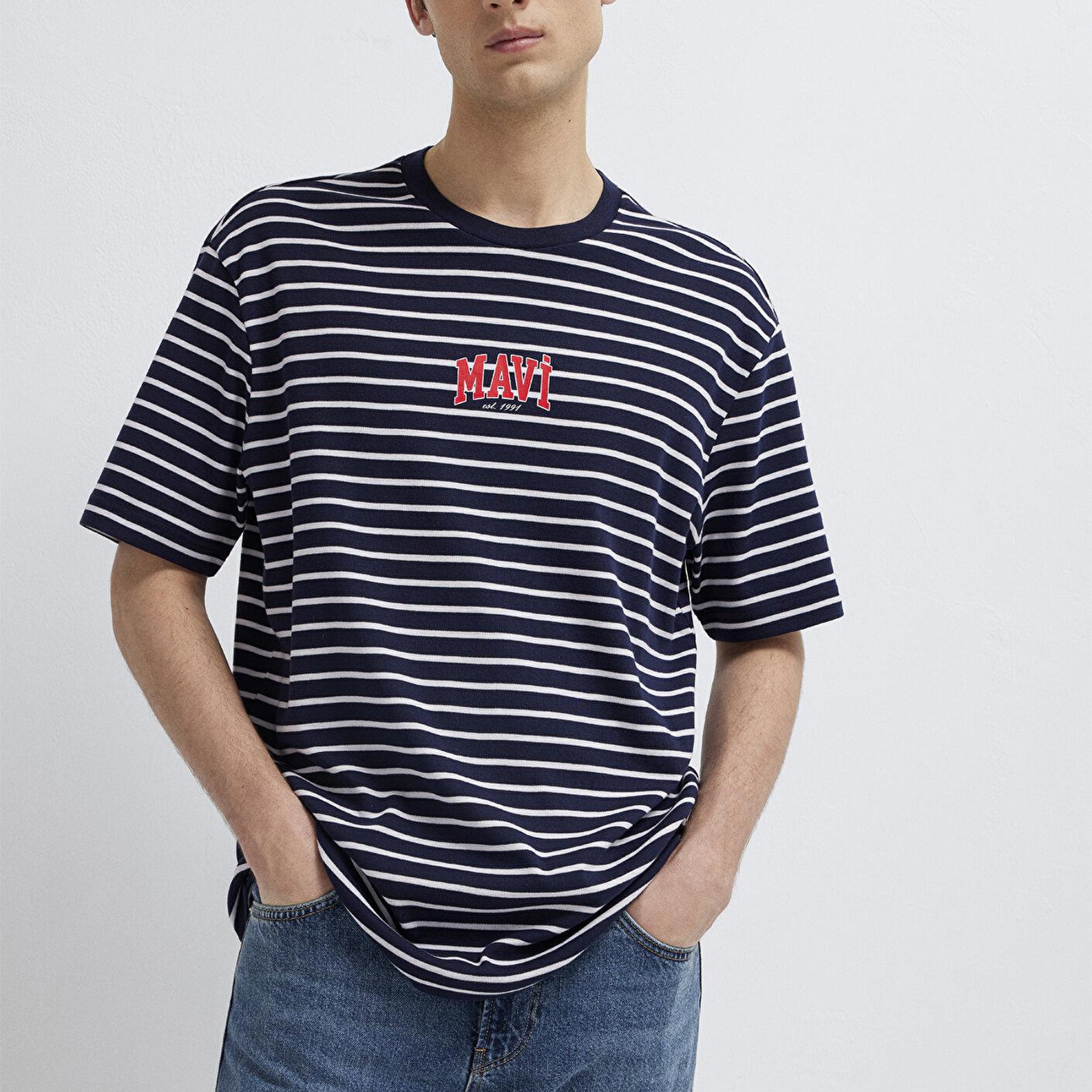 Mavi Mavi Logo Baskılı Çizgili Lacivert Tişört Loose Fit / Bol Rahat Kesim 0613600-84371