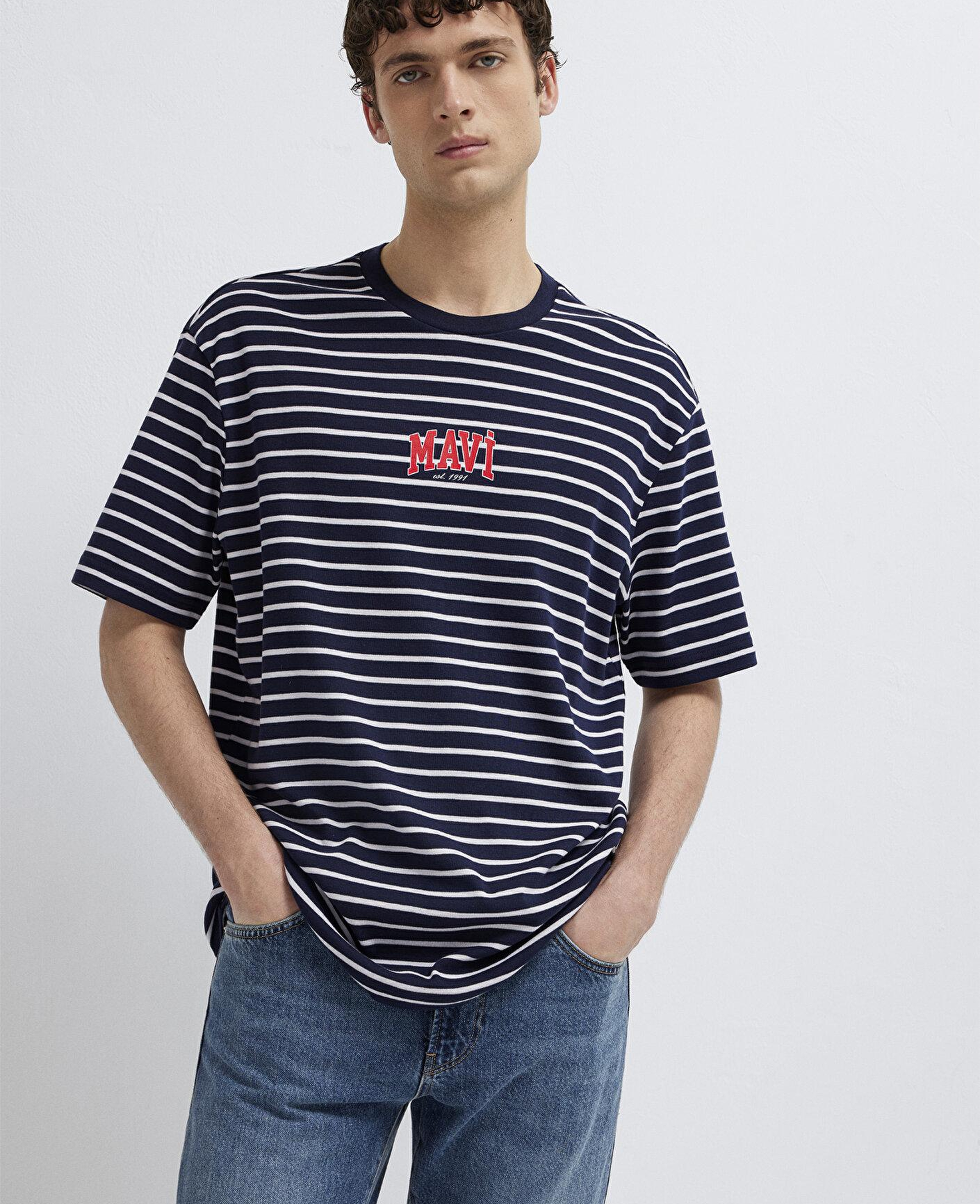 Mavi Mavi Logo Baskılı Çizgili Lacivert Tişört Loose Fit / Bol Rahat Kesim 0613600-84371