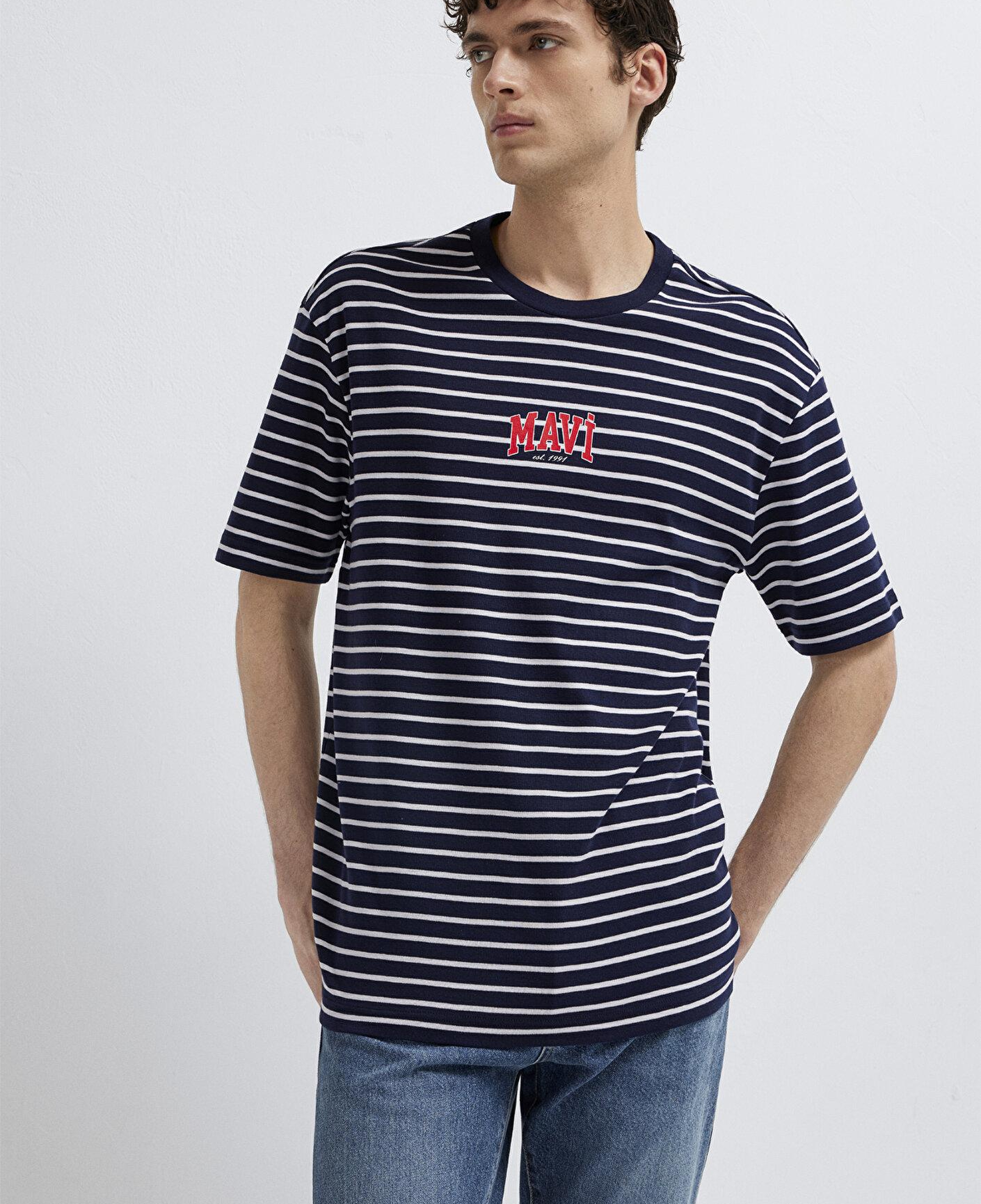 Mavi Mavi Logo Baskılı Çizgili Lacivert Tişört Loose Fit / Bol Rahat Kesim 0613600-84371