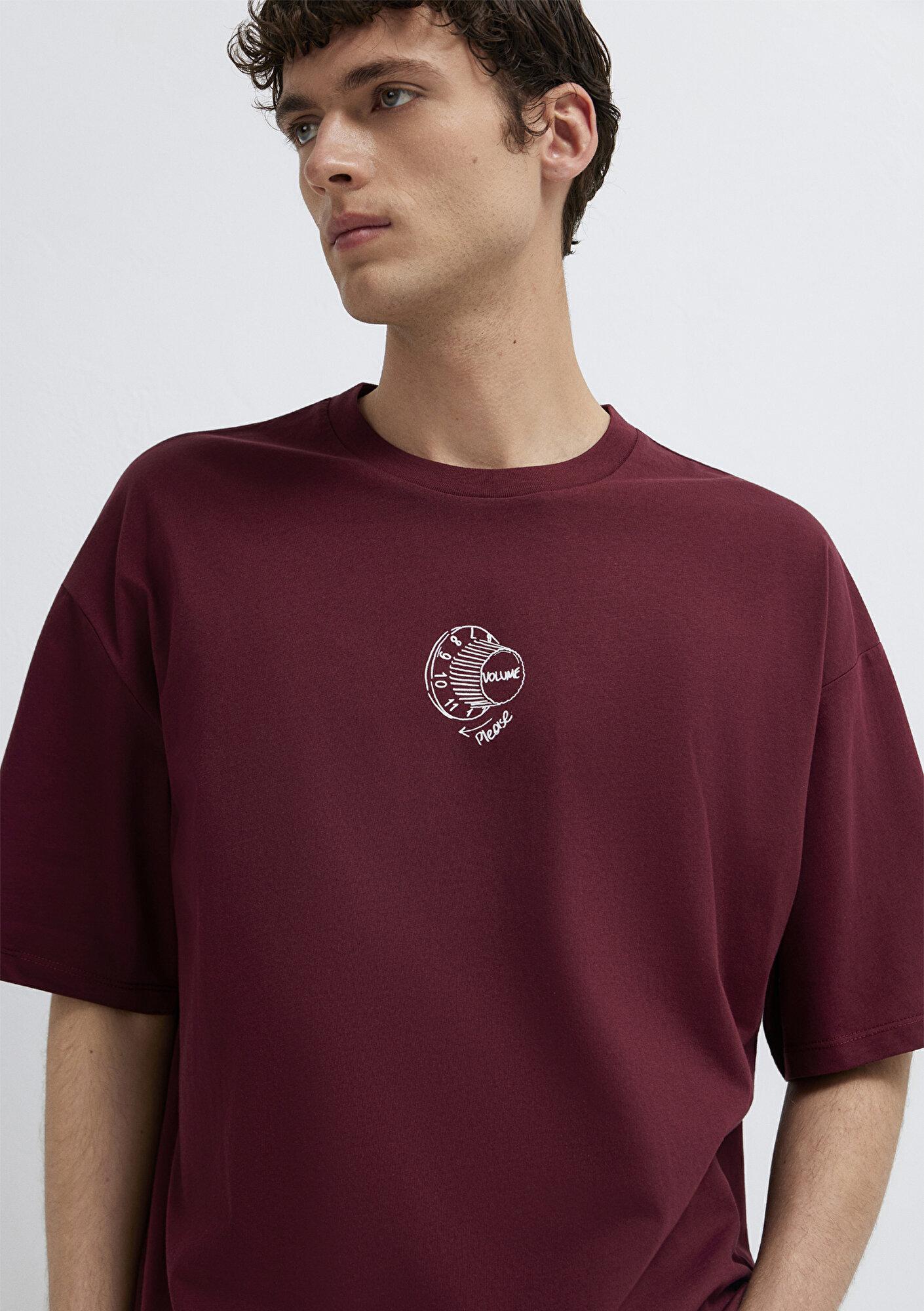 Mavi Baskılı Bordo Tişört Oversize / Geniş Kesim 0613652-70426