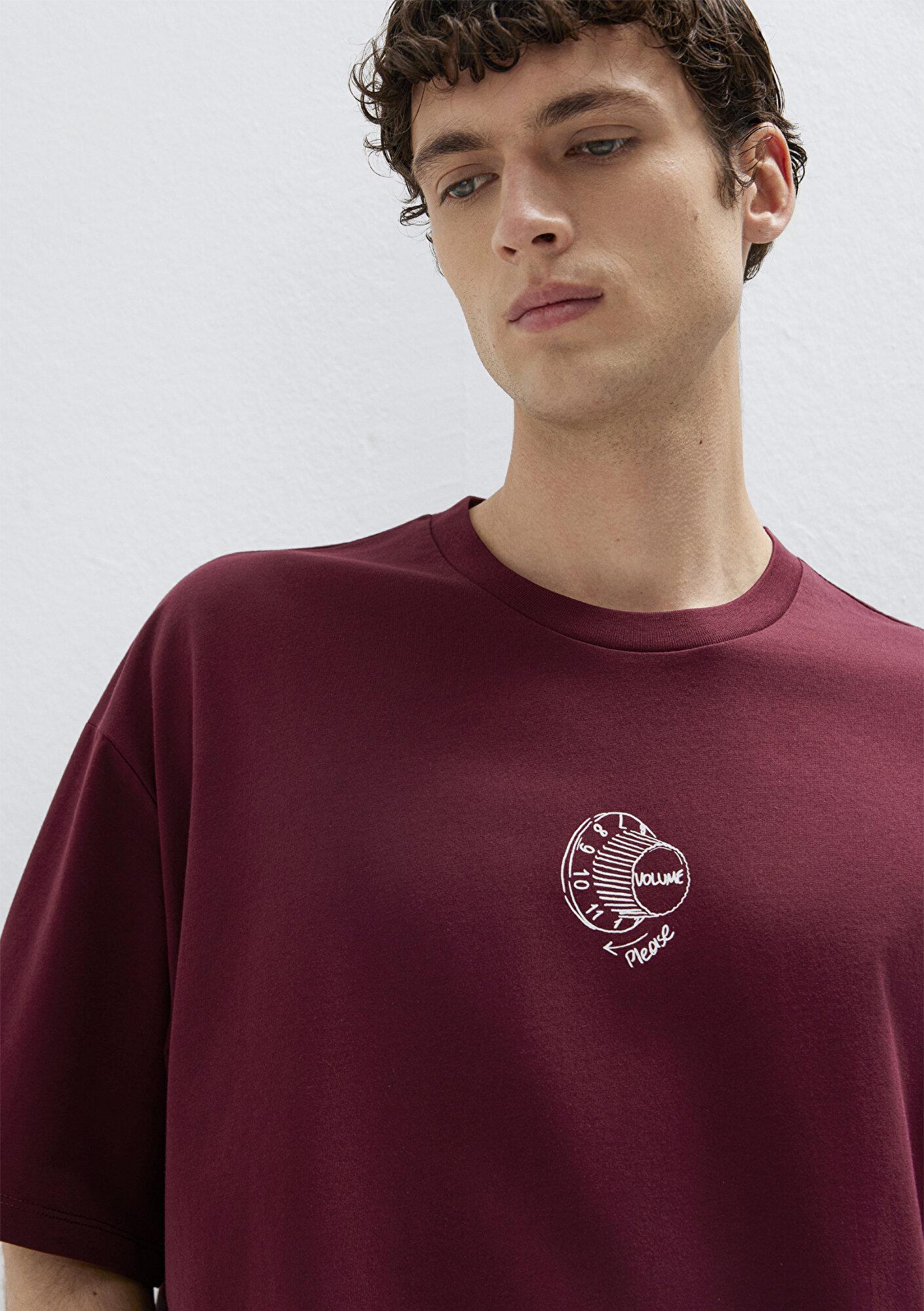 Mavi Baskılı Bordo Tişört Oversize / Geniş Kesim 0613652-70426