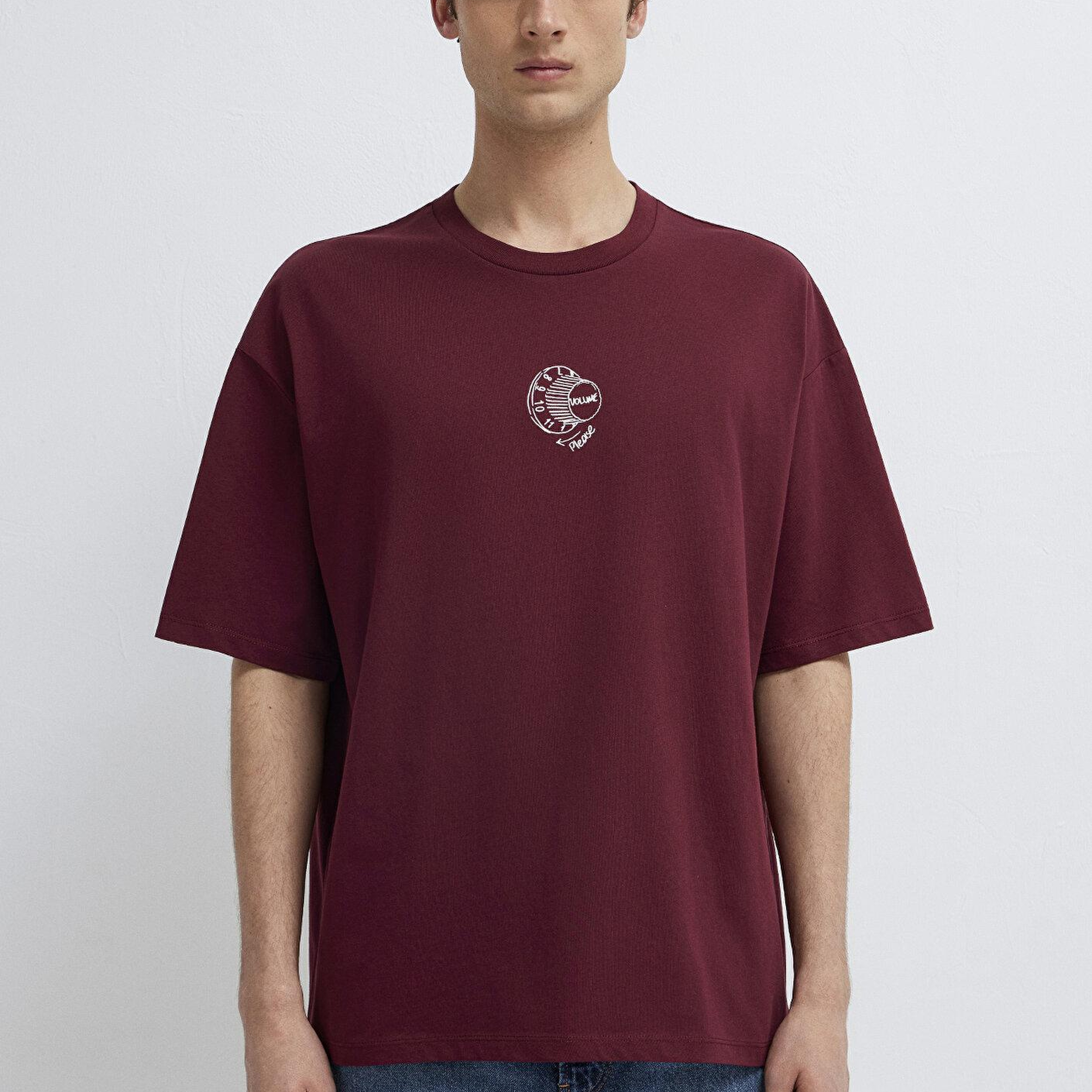 Mavi Baskılı Bordo Tişört Oversize / Geniş Kesim 0613652-70426