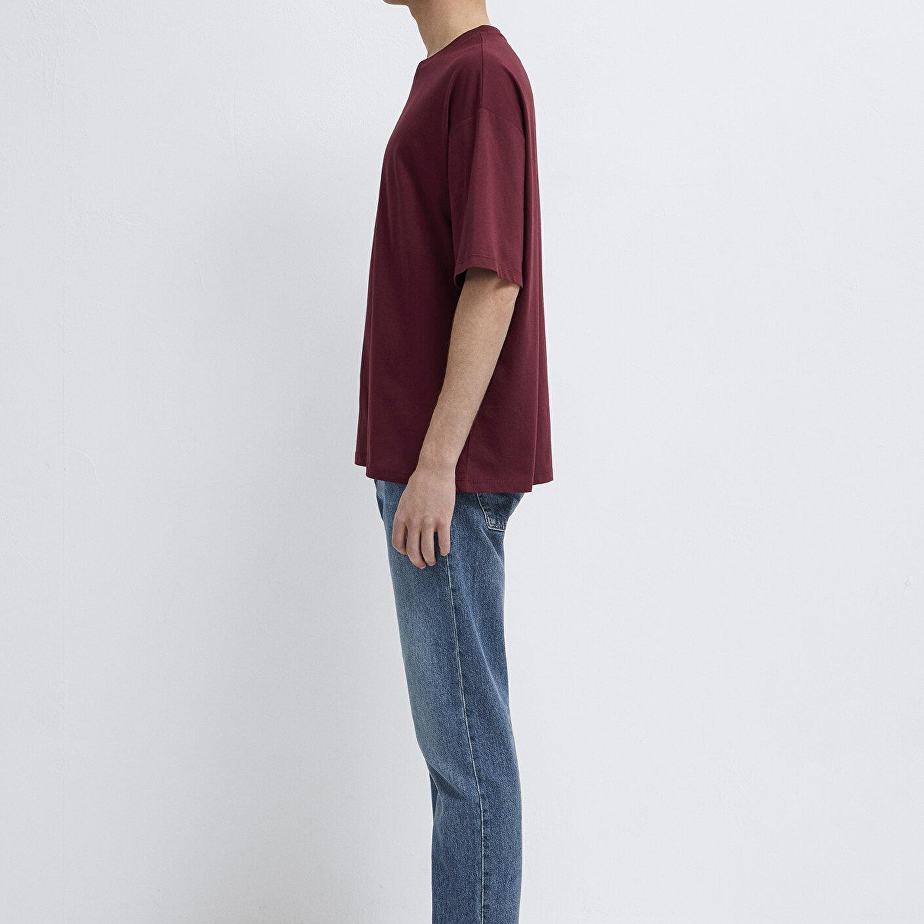 Mavi Baskılı Bordo Tişört Oversize / Geniş Kesim 0613652-70426