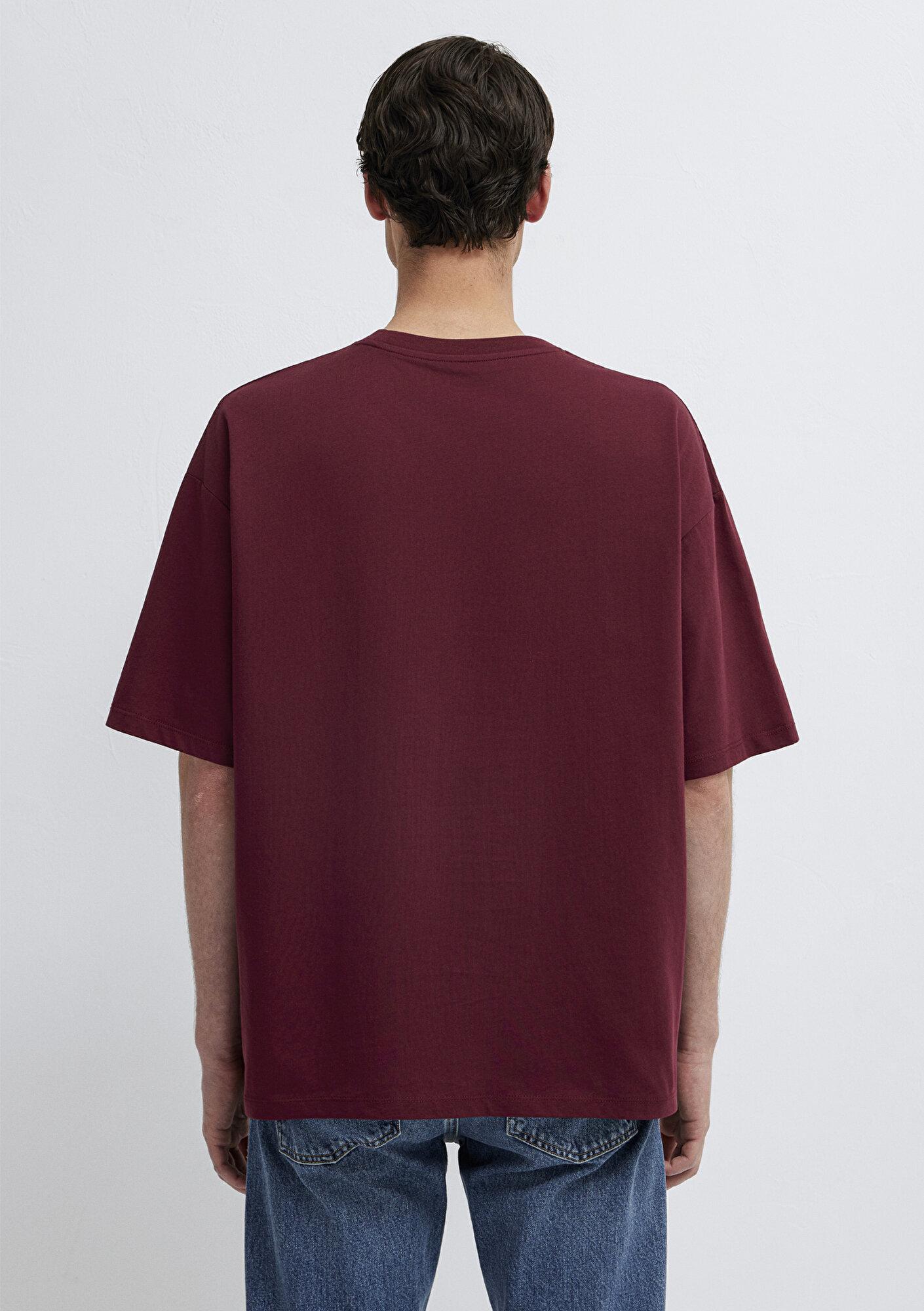 Mavi Baskılı Bordo Tişört Oversize / Geniş Kesim 0613652-70426