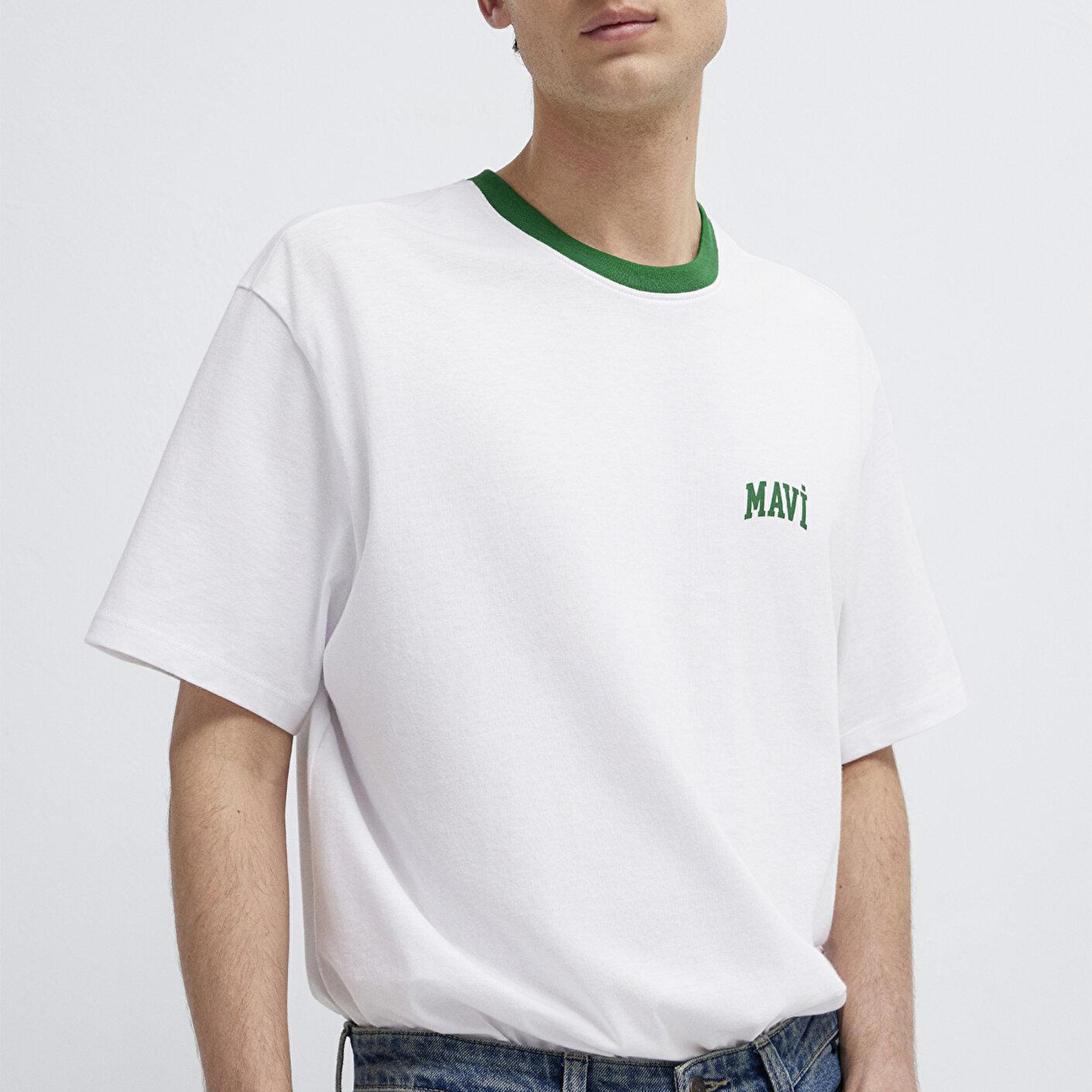 Mavi Mavi Logo Baskılı Biye Detaylı Beyaz Tişört Loose Fit / Bol Rahat Kesim 0613557-620