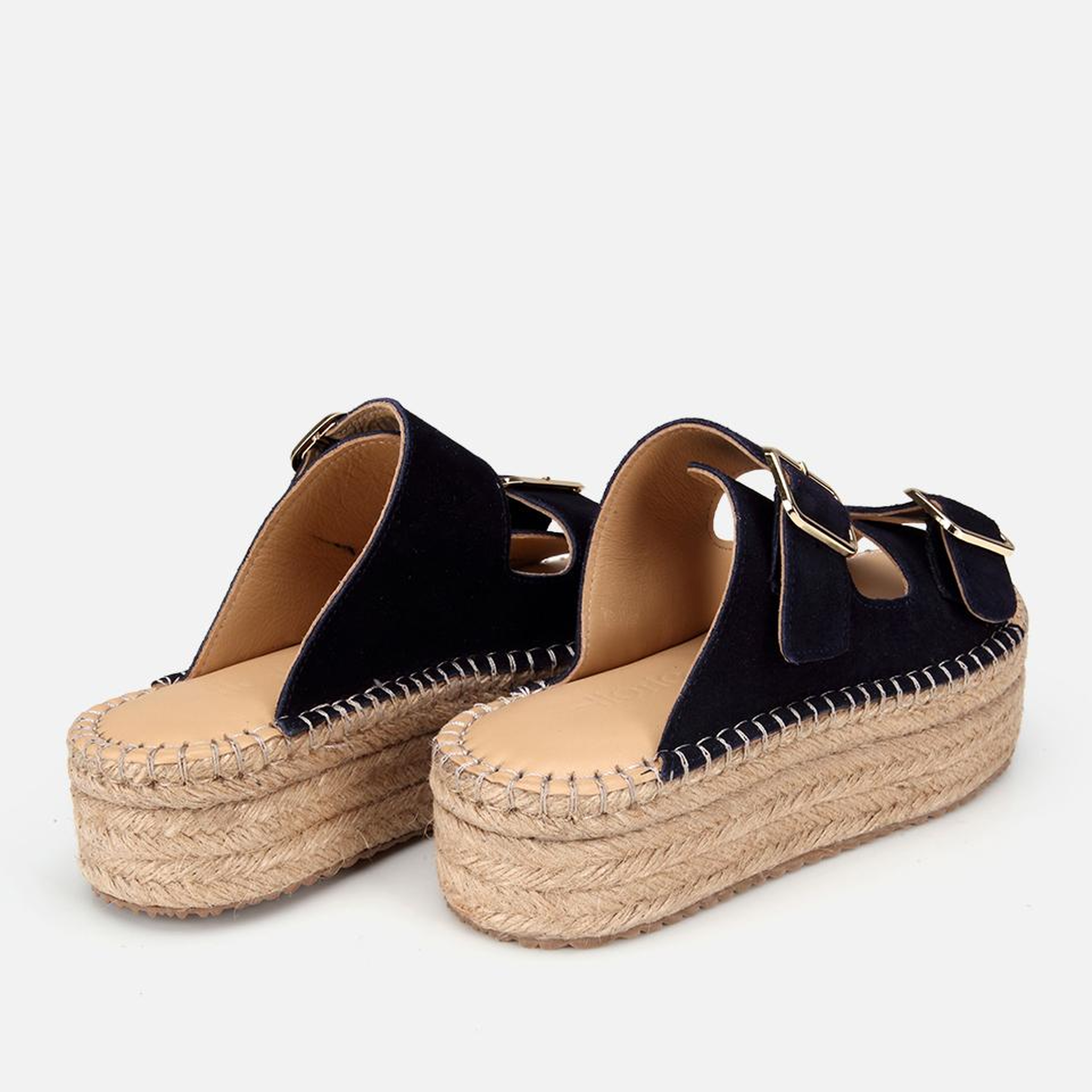 Kadın Süet Deri Lacivert Hasır Kalın Tabanlı Terlik