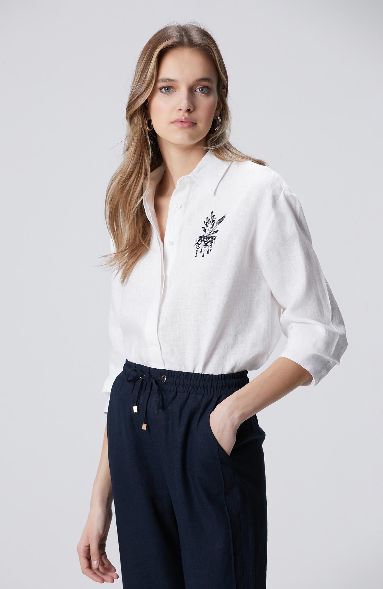 Network Kadın Beyaz Göğüs Nakış Detaylı Keten Gömlek