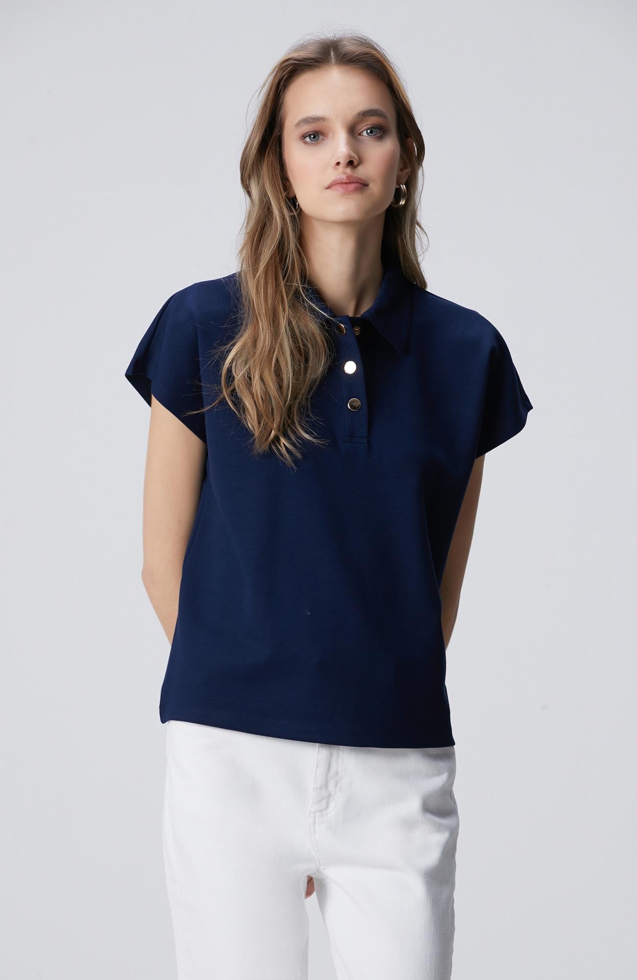 Network Kadın Lacivert Polo Yaka Çıtçıt Detaylı Kısa Kol Sweatshirt