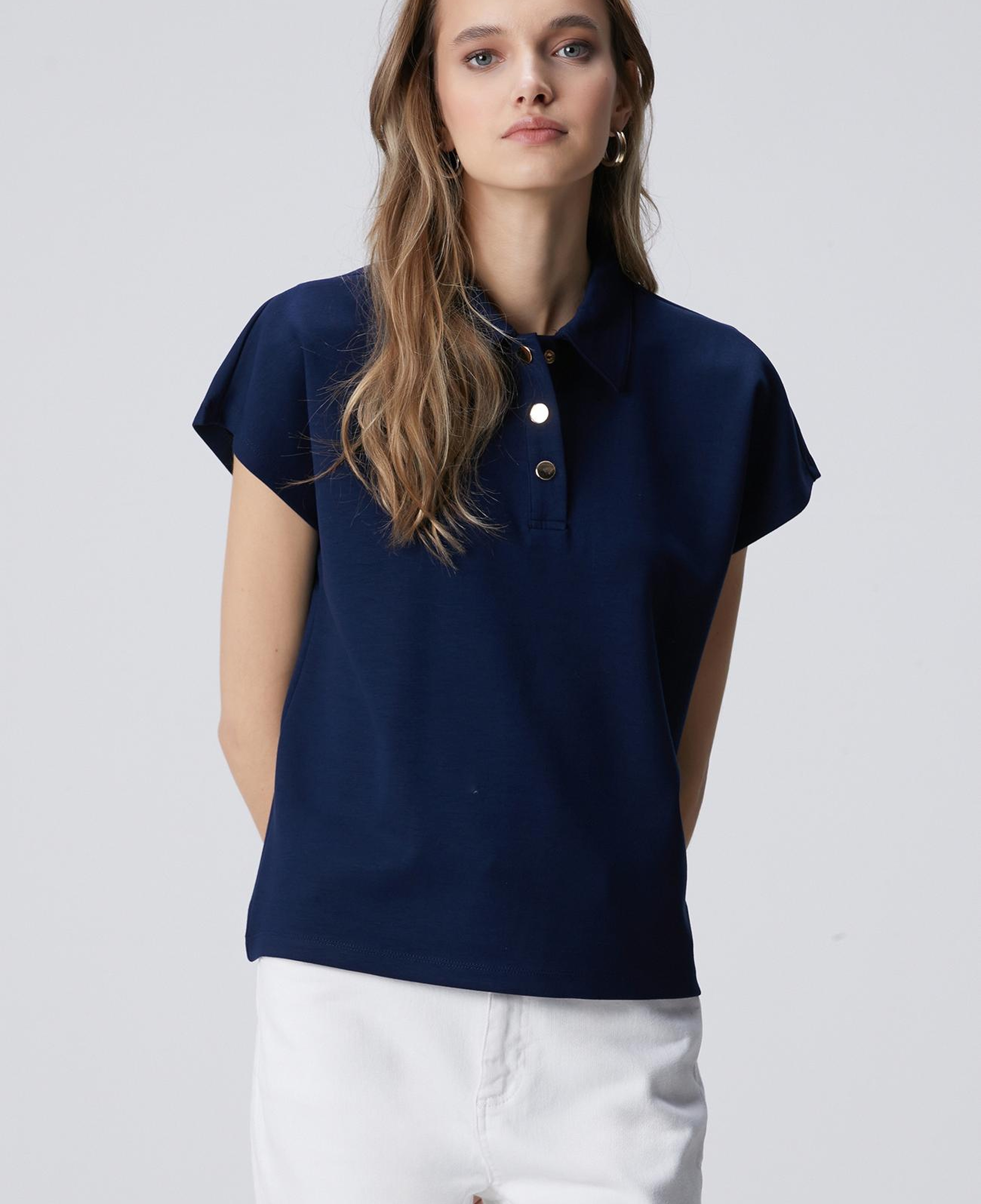 Network Kadın Lacivert Polo Yaka Çıtçıt Detaylı Kısa Kol Sweatshirt