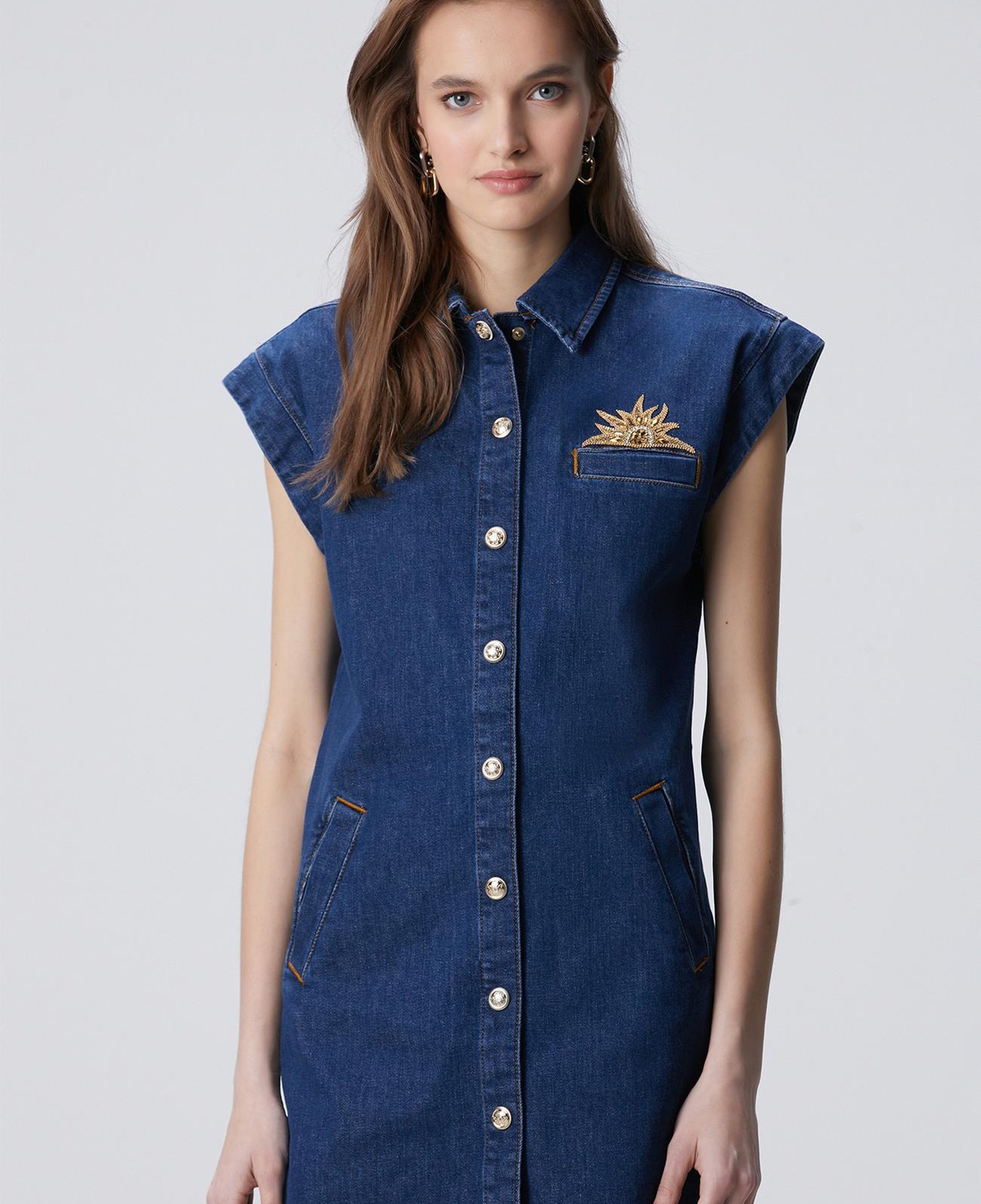 Network Kadın Koyu Indigo Mavi Patch Detaylı Mini Denim Elbise