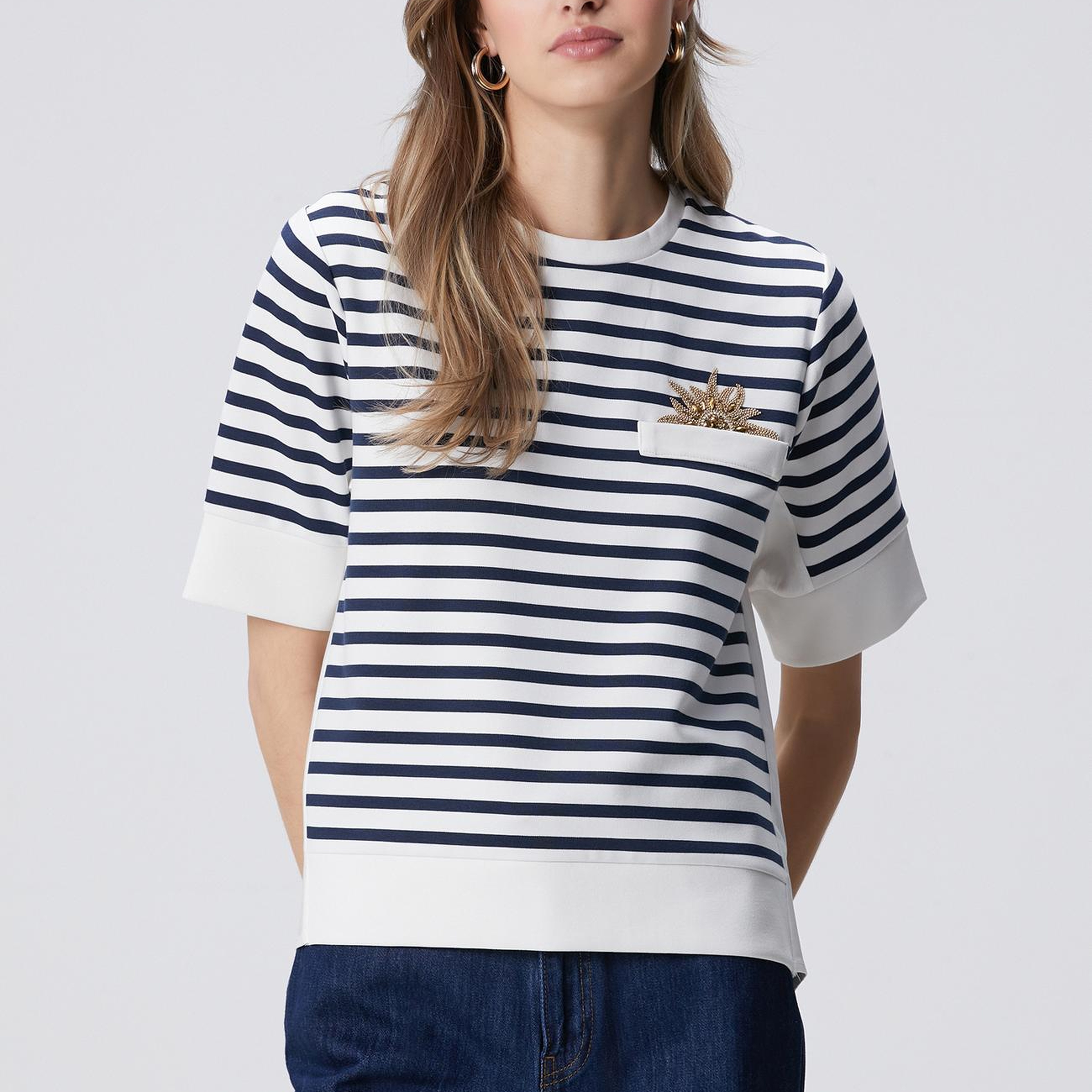 Network Kadın Beyaz Lacivert Dokuma Garni Detaylı Sweatshirt