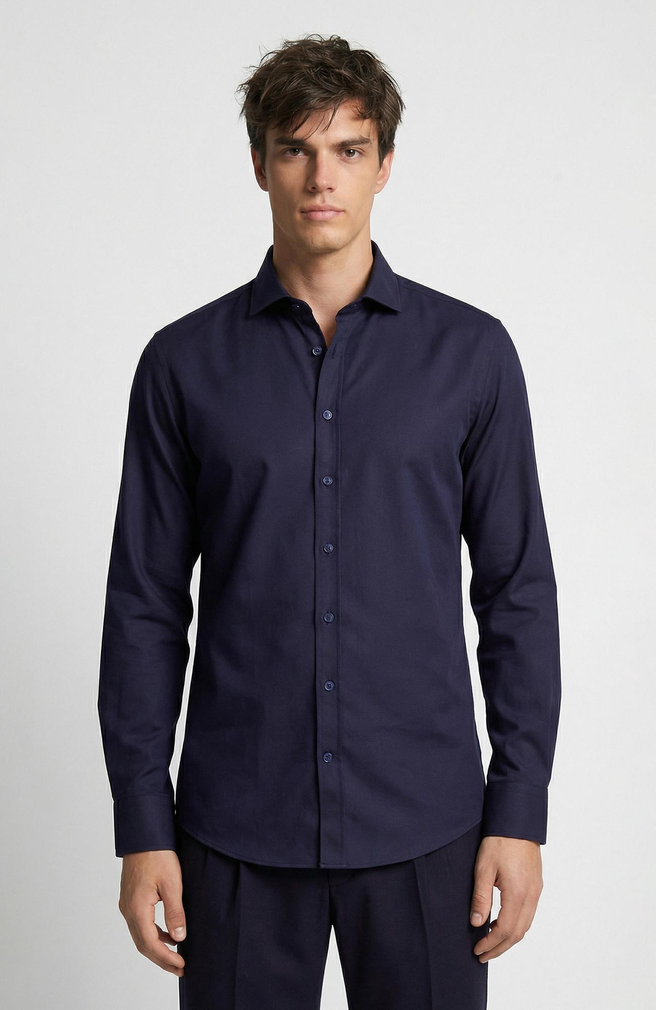 Network Erkek Slim Fit Lacivert Düz Pamuk Saten Gömlek