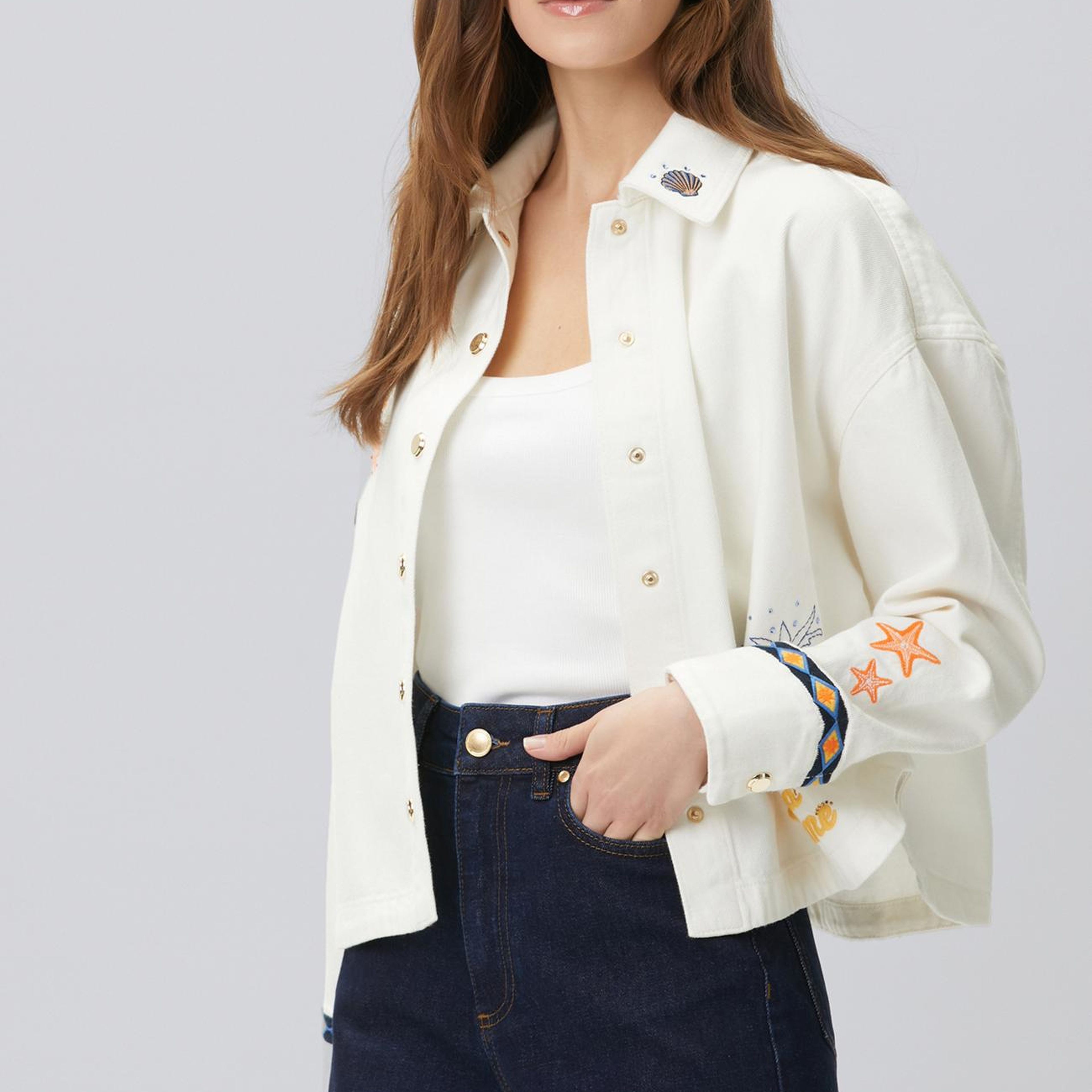 Network Kadın Beyaz Nakış ve Artwork Detaylı Denim Mont