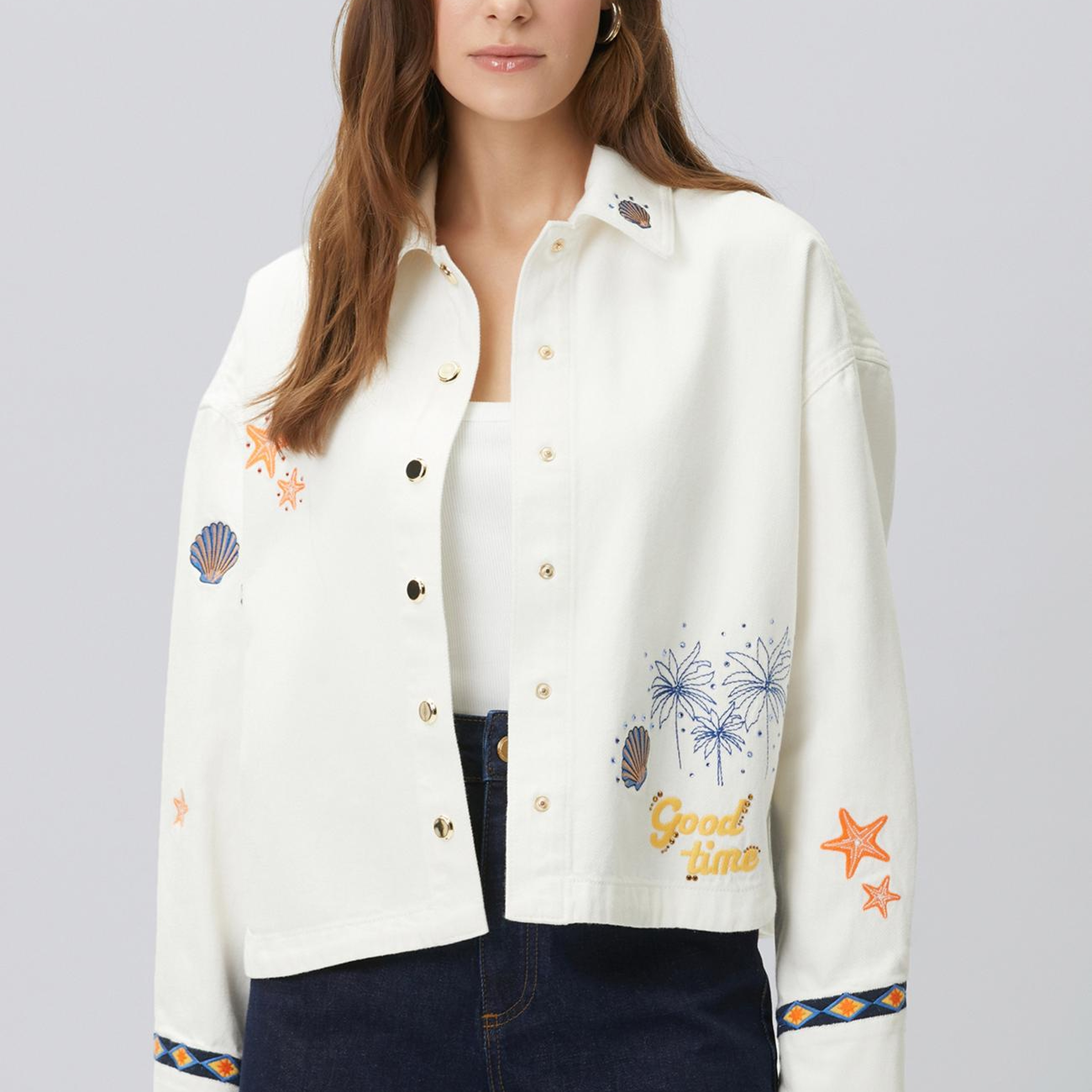 Network Kadın Beyaz Nakış ve Artwork Detaylı Denim Mont